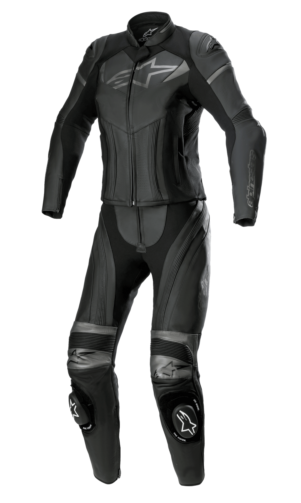 Alpinestars Damen Stella GP Plus 2-Teilige Lederkombi, Schwarz Metallic-Grau, mit grauen Alpinestars-Logos auf Brust und Knien, Akkordeon-Leder-Stretch-Einsätzen und Knieschleifern, professionelle Rennausrüstung für eine frauenspezifische Passform
