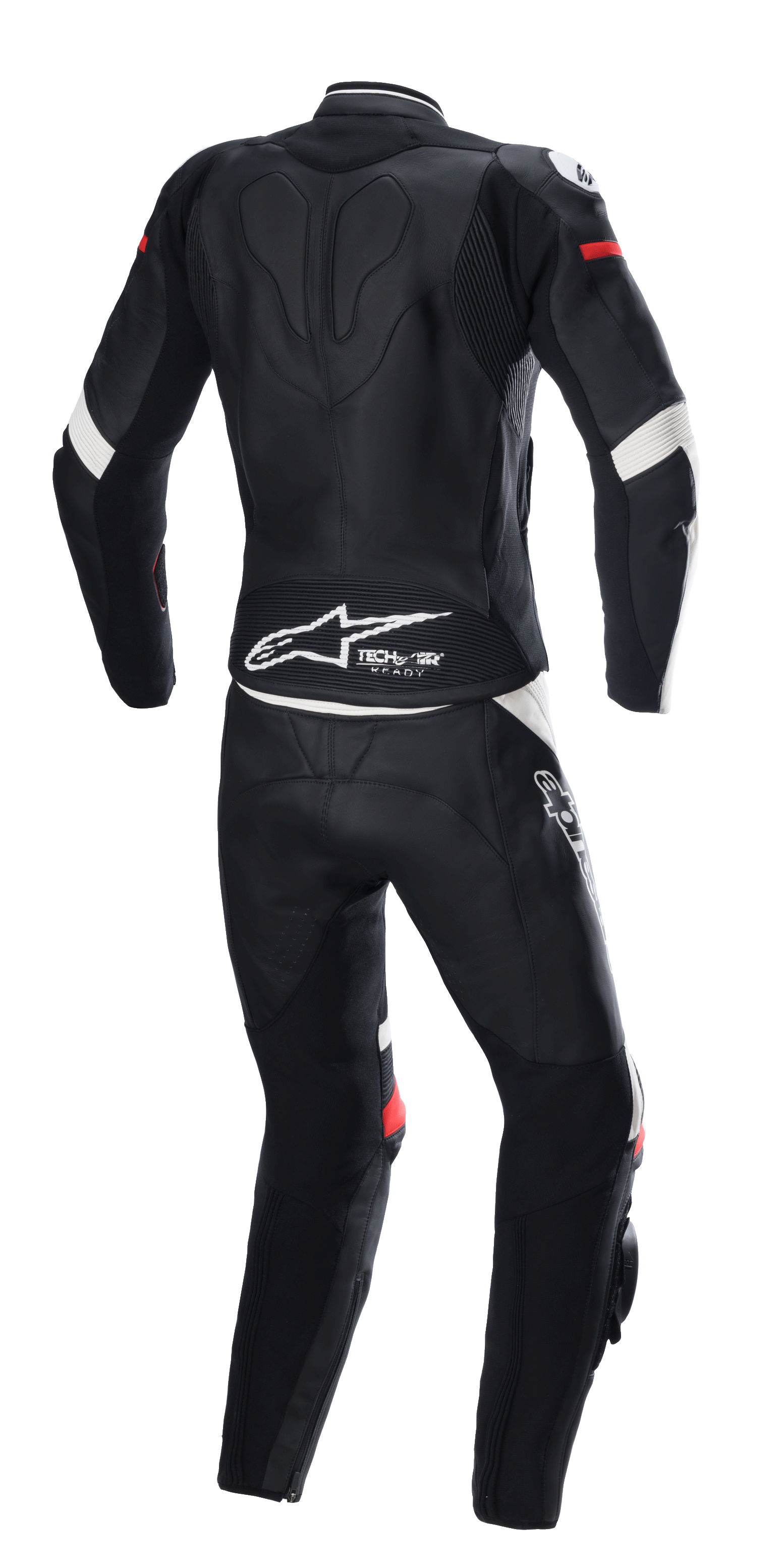 Alpinestars Stella GP Plus 2-teilige Lederkombi, Schwarz, Weiß und leuchtendes Rot, Rückansicht, mit Tech-Air Ready Branding und Alpinestars-Logo auf dem unteren Rücken, ergonomischer Schutzanzug mit Stretcheinsätzen für den Motorradrennsport.