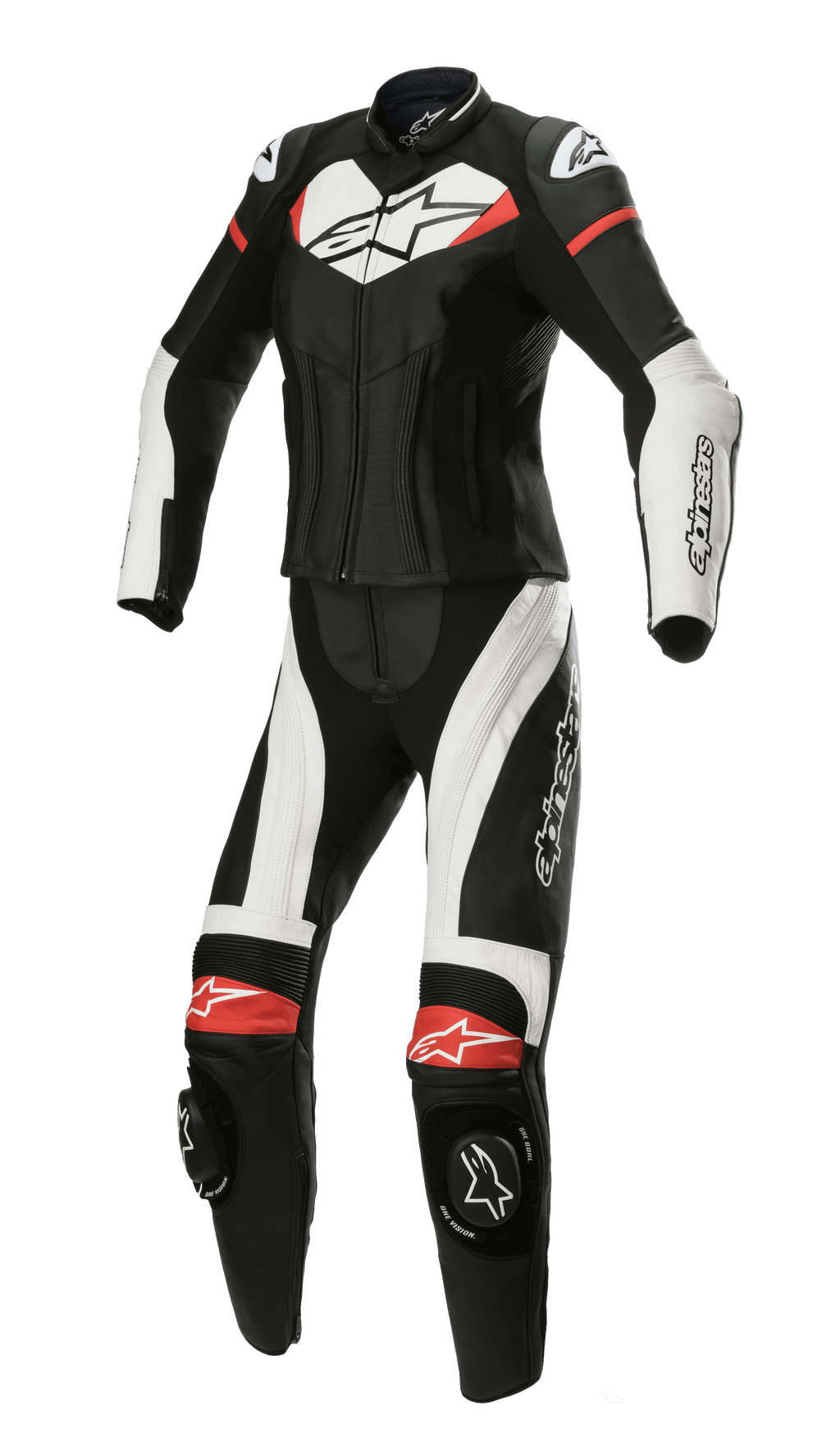Alpinestars Stella GP Plus 2-teiliger Lederanzug, Damen-Motorradrennanzug, Schwarz mit weißen und leuchtend roten Akzenten, zweiteilige Lederkonstruktion mit aerodynamischem Profil, DFS Lite Schulterprotektoren, Knieschleifer und Stretch-Einsätze für eine frauenspezifische Passform.