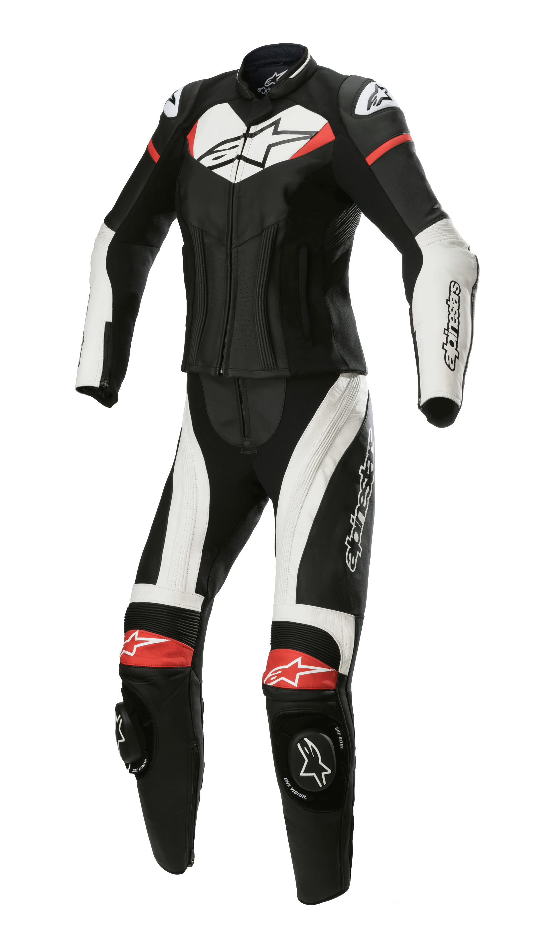 Alpinestars Stella GP Plus 2-teiliger Lederanzug, Damen-Motorradrennanzug, Schwarz mit weißen und leuchtend roten Akzenten, zweiteilige Lederkonstruktion mit aerodynamischem Profil, DFS Lite Schulterprotektoren, Knieschleifer und Stretch-Einsätze für eine frauenspezifische Passform.