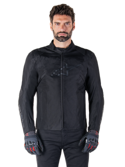 Alpinestars T-SPS V2 Waterproof Jacket, Black motorcycle textile jacket, worn by rider with black and red gloves, featuring a high collar, zippered front, and subtle chest logo, waterproof protection for sport and urban riding