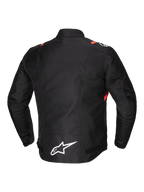 Alpinestars T-SPS V2 Waterproof Jacket, men's road motorcycle textile jacket, back view, black with white and red fluo accents, featuring reflective detailing and extended back coverage