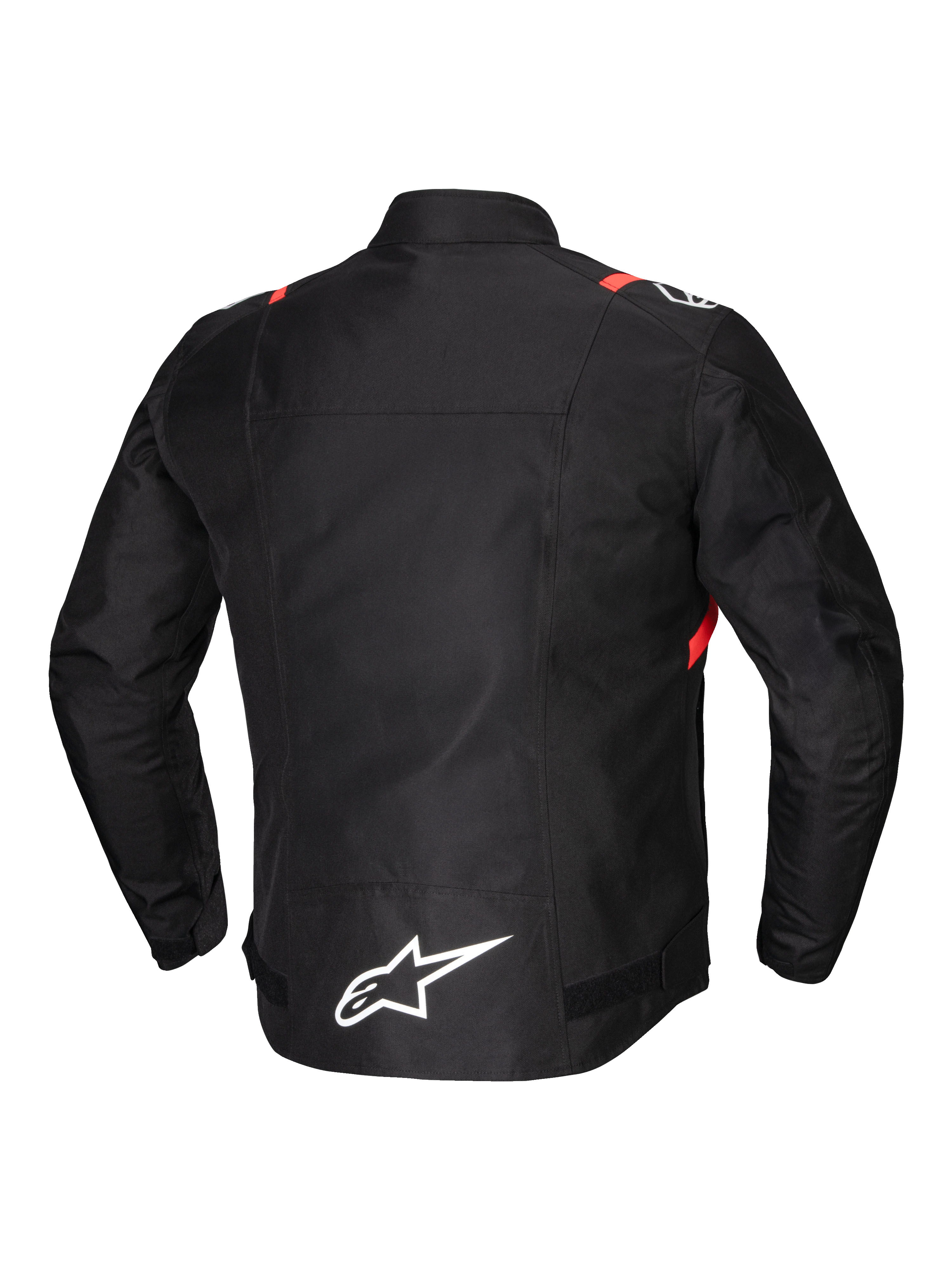Alpinestars T-SPS V2 Waterproof Jacket, men's road motorcycle textile jacket, back view, black with white and red fluo accents, featuring reflective detailing and extended back coverage