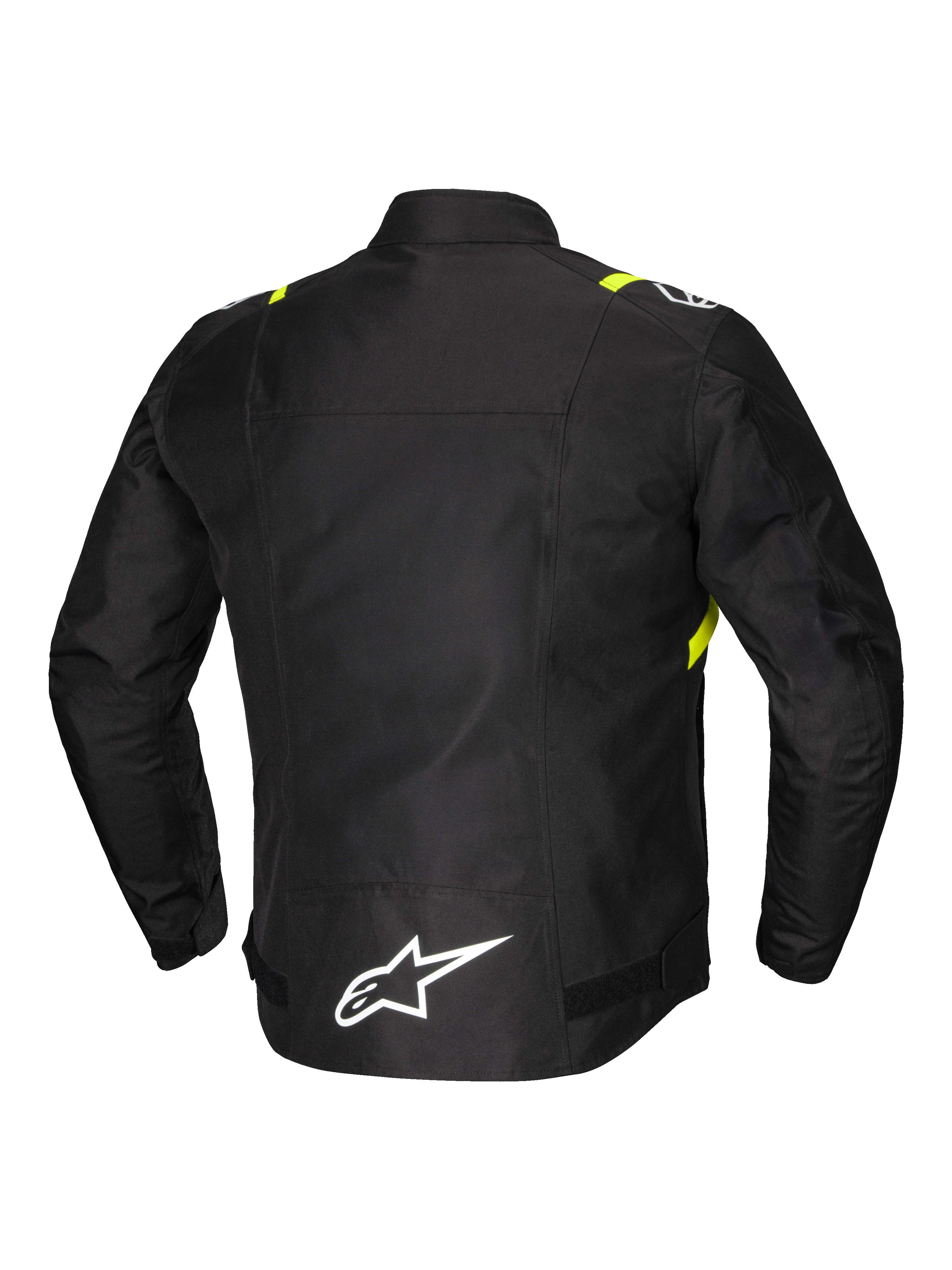 Alpinestars T-SPS V2 Waterproof Jacket, men's sport textile motorcycle jacket, rear view showing reflective detailing and white logo on extended lower back, Black with White and Yellow Fluo accents