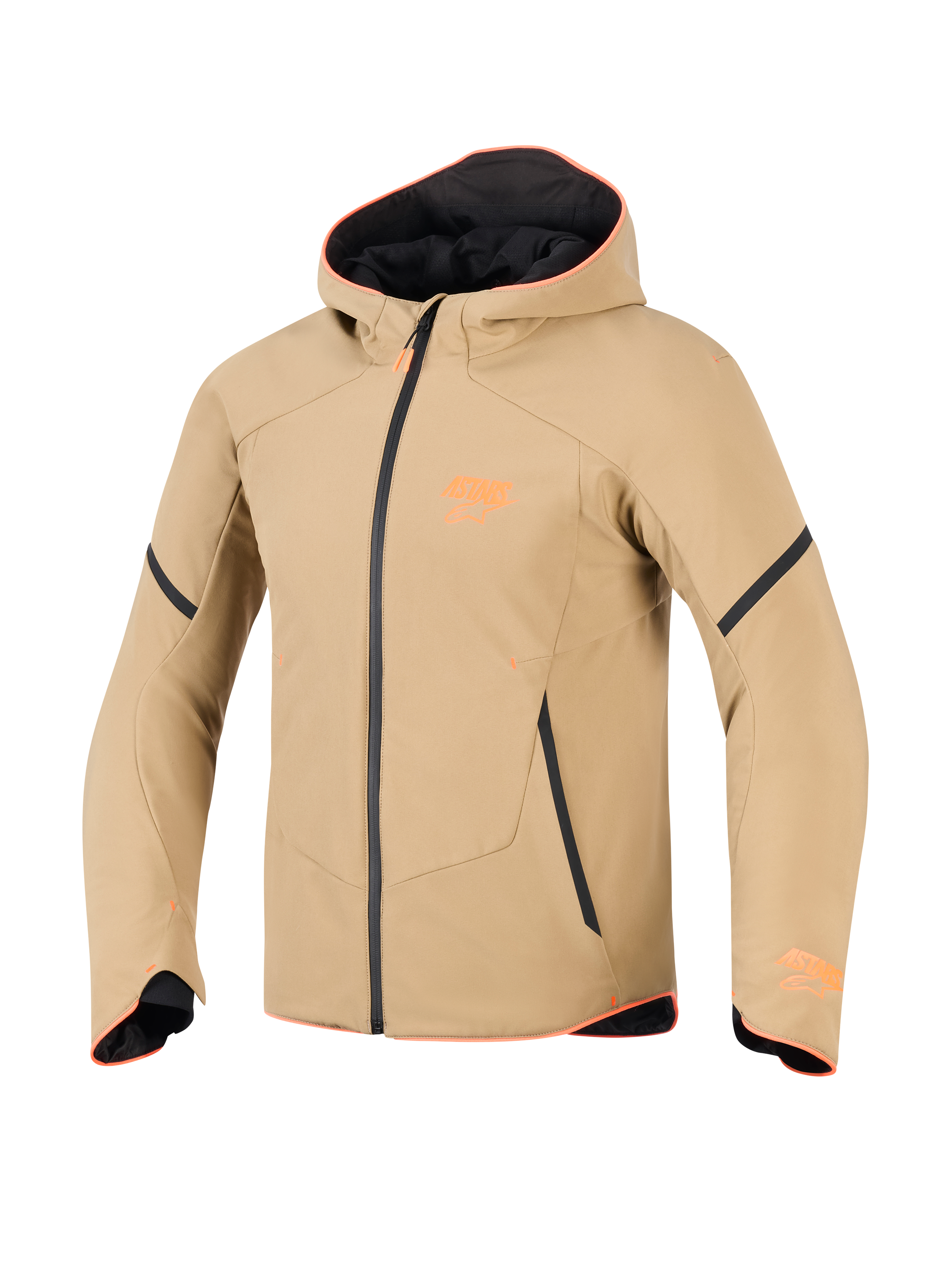 Alpinestars Aeroshell Waterproof Jacket, Dark Khaki with Black and Orange Fluo accents, sports softshell hoodie style, technical motorcycle riding gear featuring orange trim and chest logo