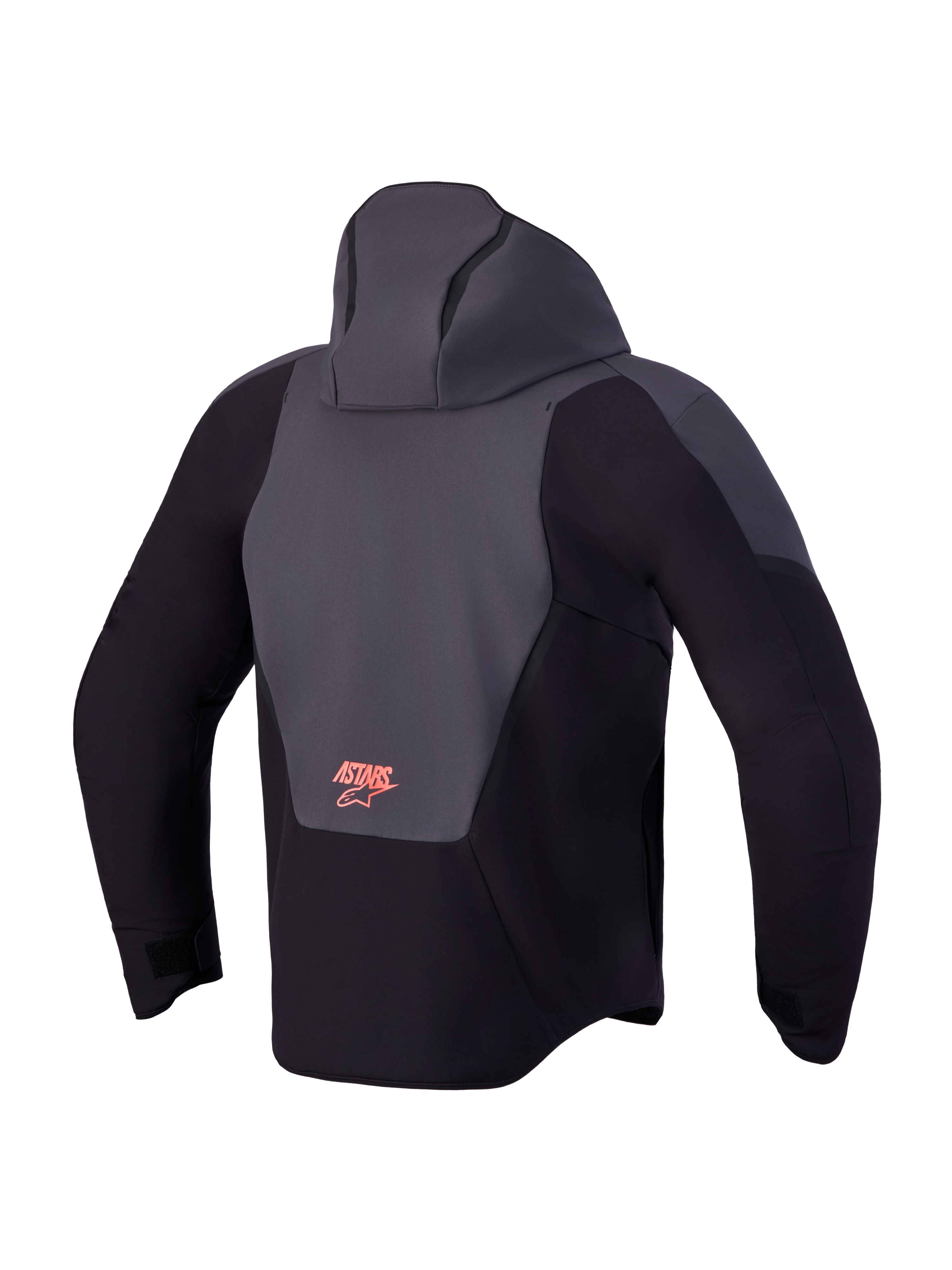 Alpinestars Aeroshell Wp Jacke, wasserdichte Motorradjacke in Schwarz und Dunkelgrau mit Kapuze und Logo-Detail in der Rückenansicht