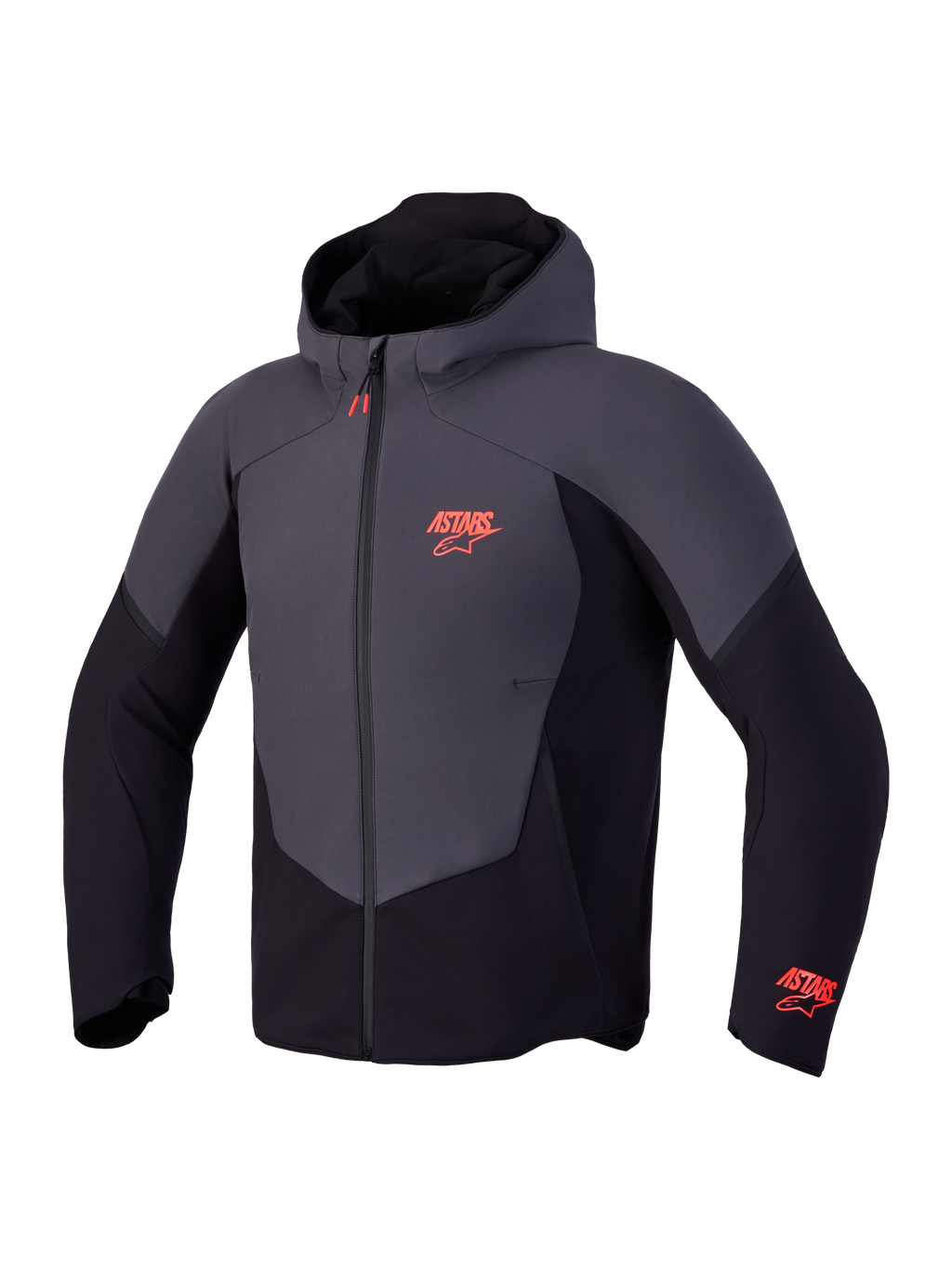 Alpinestars Aeroshell Wp Jacke, CE-zertifizierte Motorrad-Softshell-Kapuzenjacke, Schwarz und Dunkelgrau mit roten Logo-Akzenten, wasserdichtes Design mit Kapuze