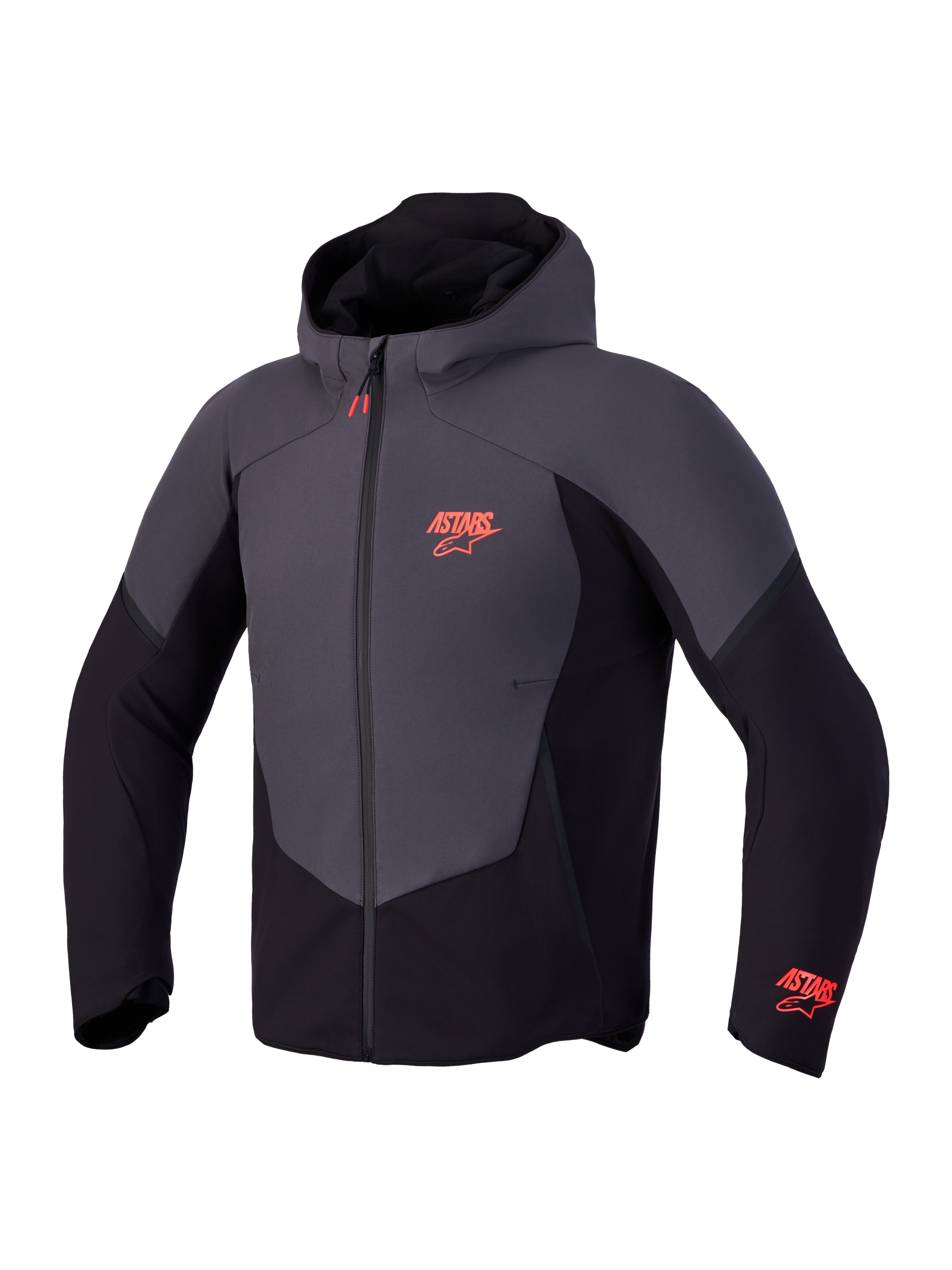 Alpinestars Aeroshell Wp Jacke, CE-zertifizierte Motorrad-Softshell-Kapuzenjacke, Schwarz und Dunkelgrau mit roten Logo-Akzenten, wasserdichtes Design mit Kapuze