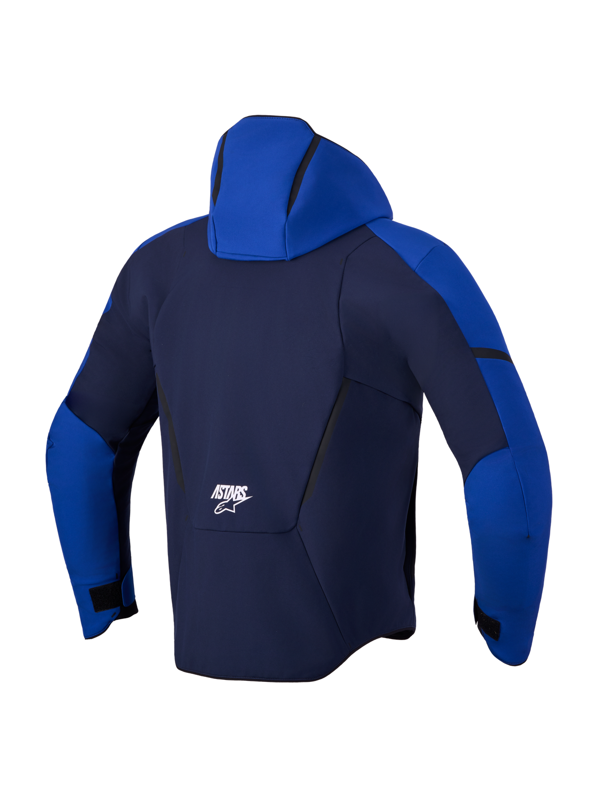 Alpinestars Aeroshell WP Jacke, wasserdichte Sport-Softshell-Motorradjacke, Rückansicht mit Kapuze und Branding in Nachtblau und Hellblau, wasserdichte und atmungsaktive Stretch-Konstruktion