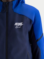 Alpinestars Aeroshell Wp Jacke, wasserdichte Herren-Motorradjacke, Nachtblau und Hellblau, Nahaufnahme mit weißem Astars Logo auf der Brust, wasserdichtem Reißverschluss und Kapuze