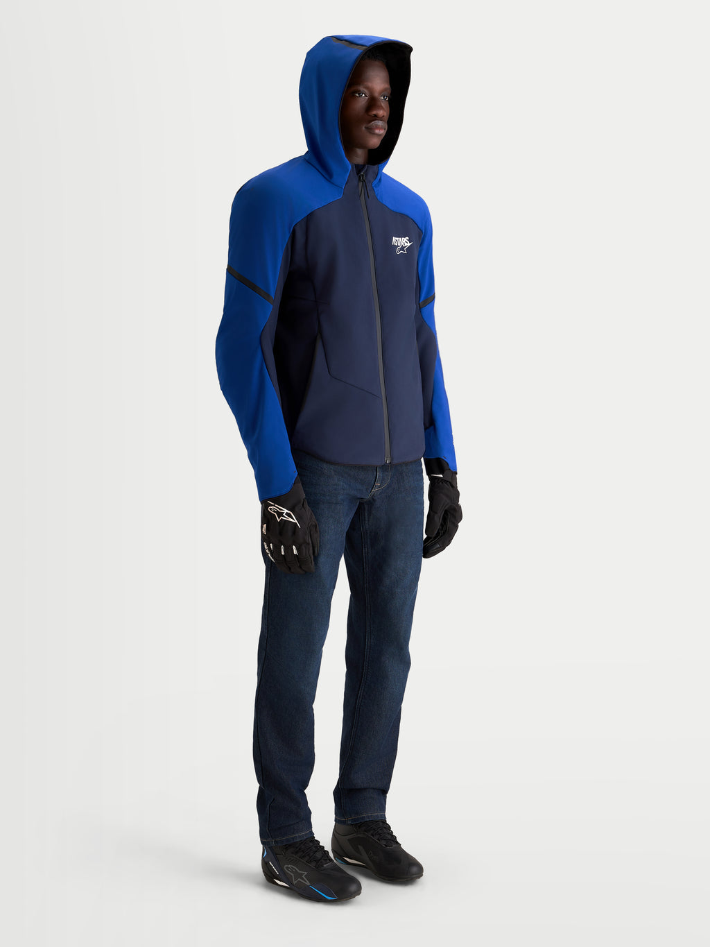 Alpinestars Aeroshell Wp Jacke mit Kapuze, Herren-Motorradjacke in Nachtblau und Hellblau, wasserdichtes Softshell-Design mit elastischem Funktionsgewebe