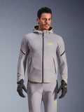 Alpinestars Aeroshell Waterproof Jacket, Mid Gray and Yellow Fluo, hooded motorcycle softshell jacket with black zippers, worn with matching gray pants and black gloves, waterproof performance gear for road riding