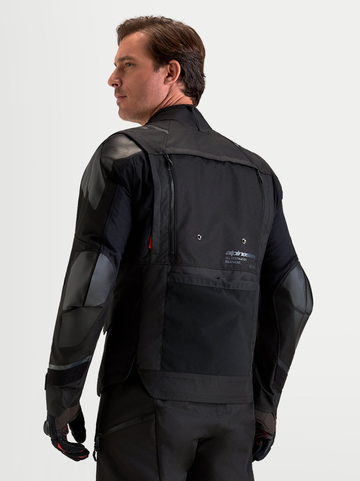 Alpinestars Harok V2 Drystar Jacket, Men's Black all-terrain adventure motorcycle jacket, rear view showing modular ventilation panels and protective armor construction
