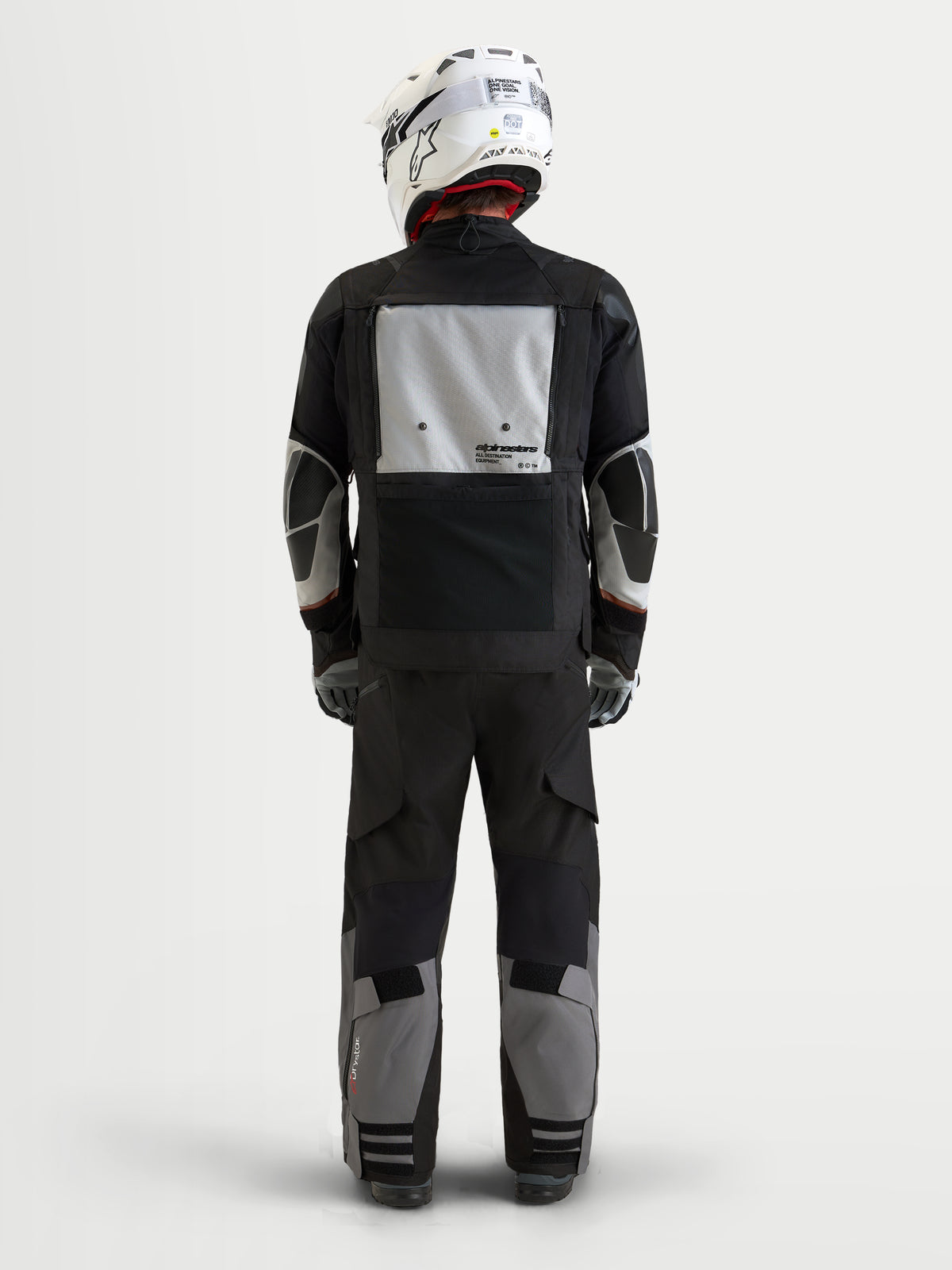Alpinestars Harok V2 Drystar Jacket, Men's Adventure Touring Motorcycle Jacket, Dark Gray, Ice Gray, and Black, rear view showing modular ventilation panel and CE protection