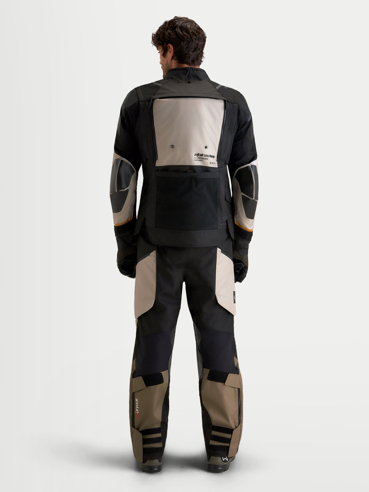 Alpinestars Harok V2 Drystar Jacket, Men's Adventure Motorcycle Jacket, Aluminum, Walnut, and Black, rear view showing integrated back ventilation panel and utility storage