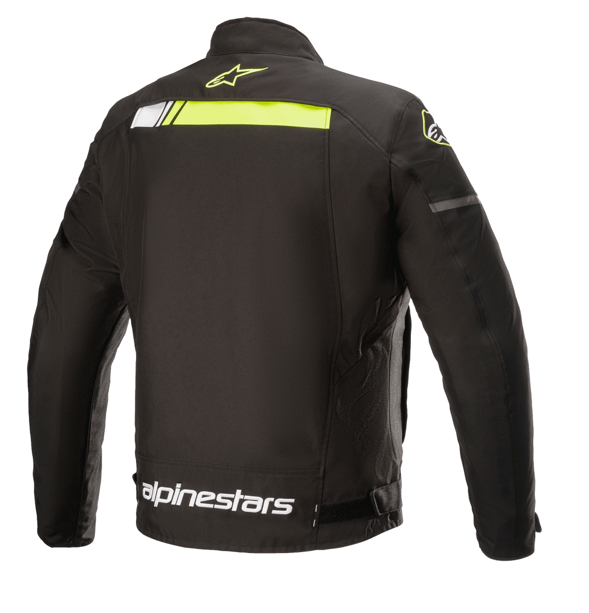 Alpinestars T-SP S Ignition Waterproof Jacket, Textile Motorcycle Jacket, Black and Yellow Fluo, rear view featuring a horizontal neon yellow stripe across the upper back, white alpinestars logo on the waist, and small yellow star logo on the collar