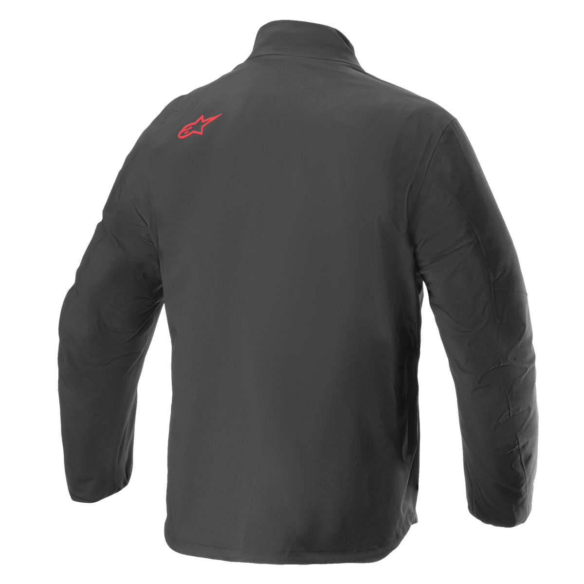 Alpinestars AMT Storm Gear Drystar® XF Jacket, Waterproof Motorcycle Jacket, Black, back view featuring a red Alpinestars logo on the upper shoulder, durable textile ripstop construction with an elongated back for extra coverage