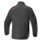 Alpinestars AMT Storm Gear Drystar® XF Jacket, Waterproof Motorcycle Jacket, Black, back view featuring a red Alpinestars logo on the upper shoulder, durable textile ripstop construction with an elongated back for extra coverage