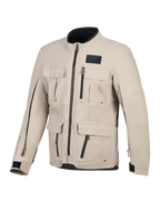 Alpinestars Borrego Drystar® Jacket, Motorcycle Jacket, Warm Gray, front view featuring multiple cargo pockets, black zippers with brown pull tabs, waxed-canvas texture, and a black branding patch on the chest.