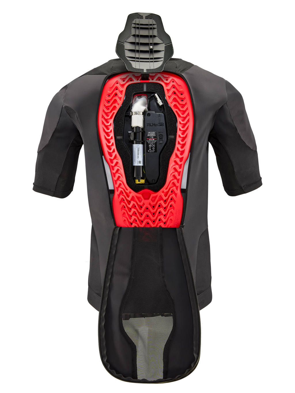 Alpinestars Tech-Air® 5 Plasma Airbag-Ersatzkartusche, abgebildet in einer Tech-Air® 5 Plasma Weste, schwarzes Kleidungsstück mit einem leuchtend roten Waben-Innenrahmen, inklusive Argongaszylinder und Elektronikeinheit, technische Motorrad-Sicherheitsausrüstung.