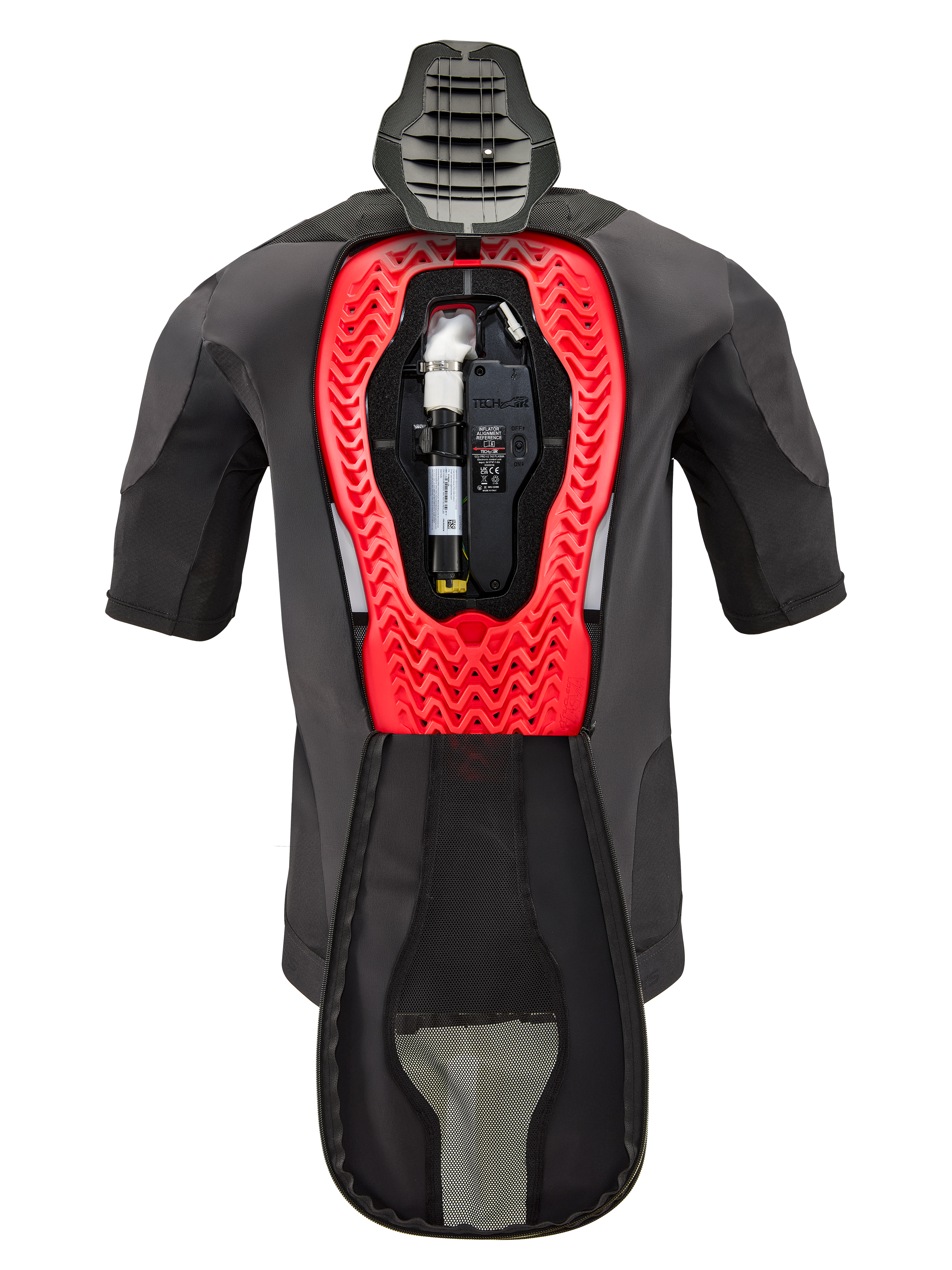 Alpinestars Tech-Air® 5 Plasma Airbag-Ersatzkartusche, abgebildet in einer Tech-Air® 5 Plasma Weste, schwarzes Kleidungsstück mit einem leuchtend roten Waben-Innenrahmen, inklusive Argongaszylinder und Elektronikeinheit, technische Motorrad-Sicherheitsausrüstung.