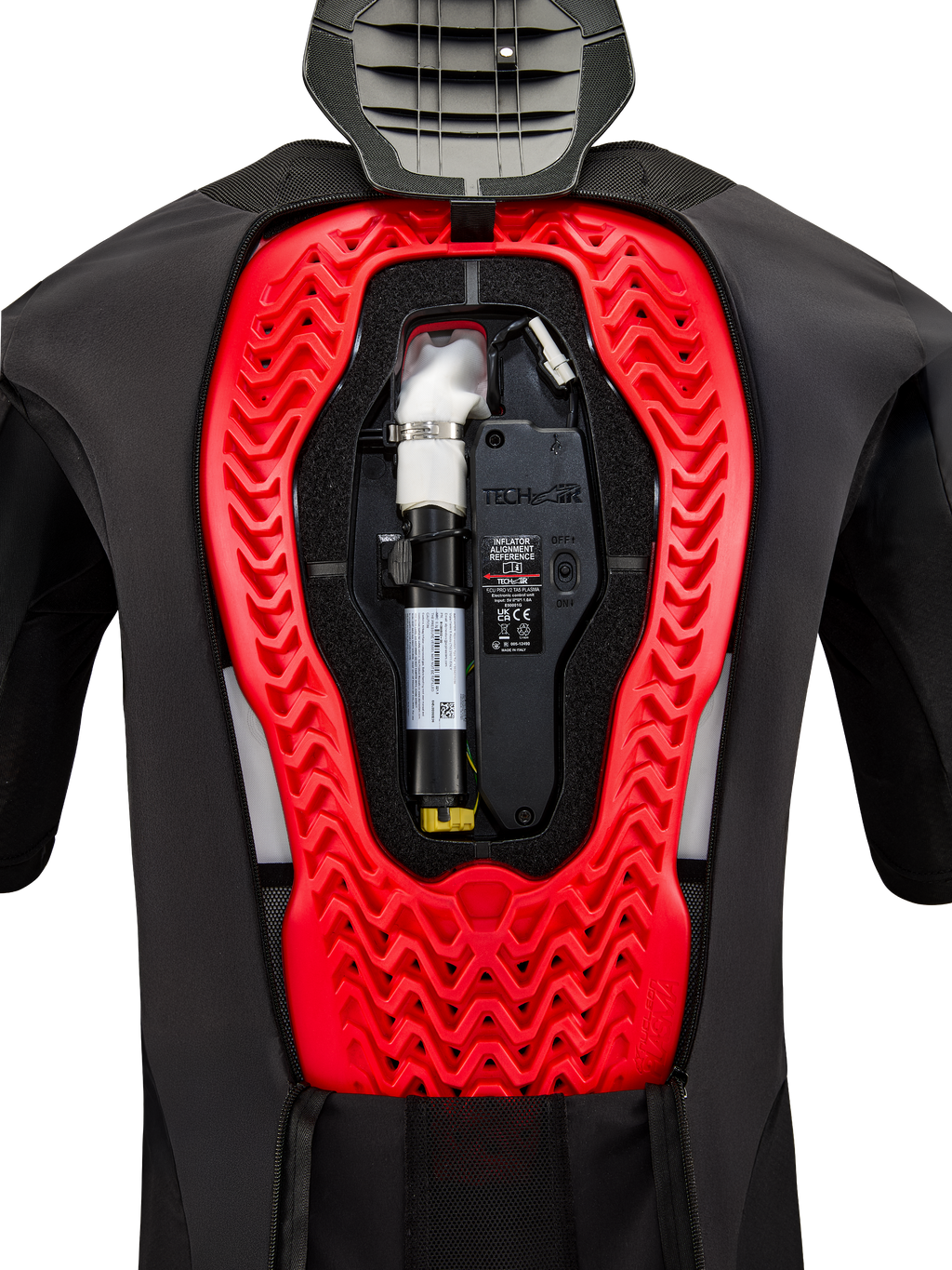 Alpinestars Tech-Air 5 Plasma Airbag-System, Innenansicht mit installierter schwarzer Ersatzkartusche und elektronischer Steuereinheit, integriert in einen leuchtend roten Nucleon Plasma Rückenprotektor in einer schwarzen Schutzweste