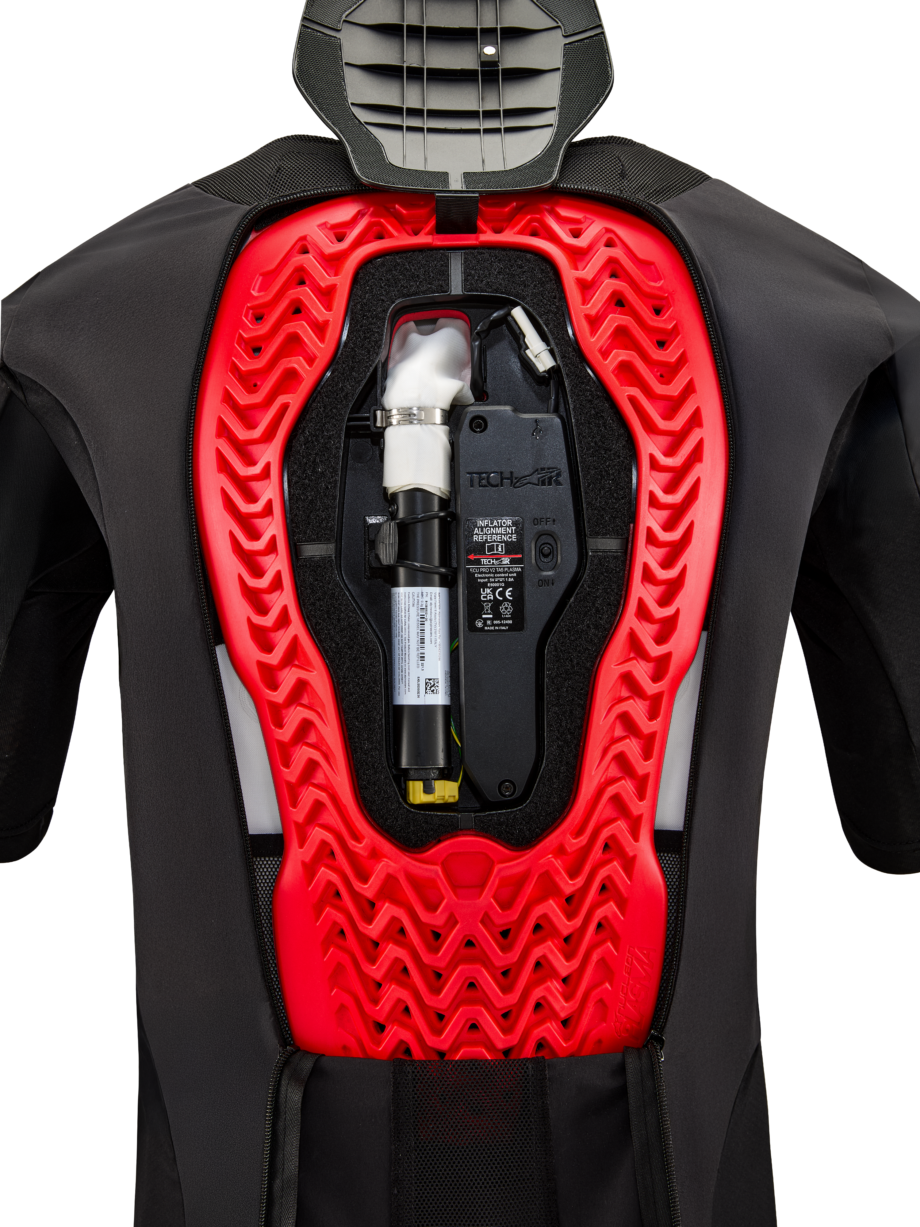 Alpinestars Tech-Air 5 Plasma Airbag-System, Innenansicht mit installierter schwarzer Ersatzkartusche und elektronischer Steuereinheit, integriert in einen leuchtend roten Nucleon Plasma Rückenprotektor in einer schwarzen Schutzweste