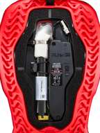 Alpinestars Tech-Air® 5 Plasma Airbag Ersatzkartusche, Airbag-System-Zubehör, Rot und Schwarz, Nahaufnahme der Innenansicht mit weißer Argon-Kartusche und silberner Klemme, elektronischer Steuereinheit mit ON/OFF-Schalter und wellenförmig gerippter roter Außenschale
