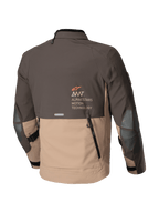 Alpinestars AMT-8 Stretch Drystar® XF Jacket, adventure touring motorcycle jacket, Dark Brown and Dark Khaki, rear view showing shingle exhaust vent and Alpinestars Motion Technology branding