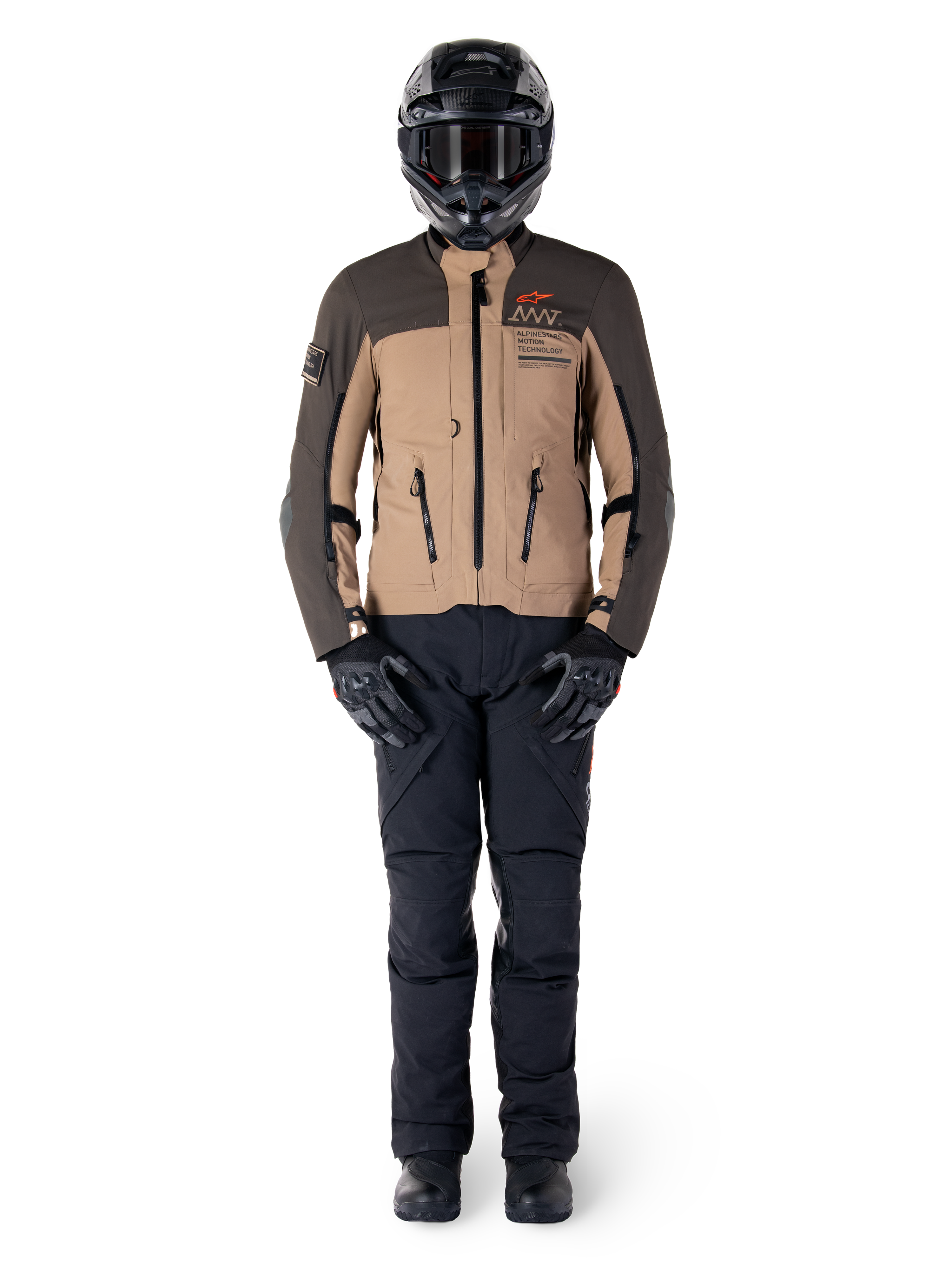 Alpinestars AMT-8 Stretch Drystar® XF Jacket, Adventure Motorcycle Jacket, Dark Brown and Dark Khaki, worn with a black helmet, goggles, black gloves, black pants, and black boots, featuring chest ventilation ports and AMT branding, coordinated gear for adventure touring