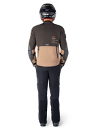 Alpinestars AMT-8 Stretch Drystar® XF Jacket, Adventure Touring Jacket, Dark Brown and Dark Khaki, rear view showing Alpinestars Motion Technology branding on the back, worn with black pants and black full-face helmet, performance stretch textile for adventure motorcycle gear