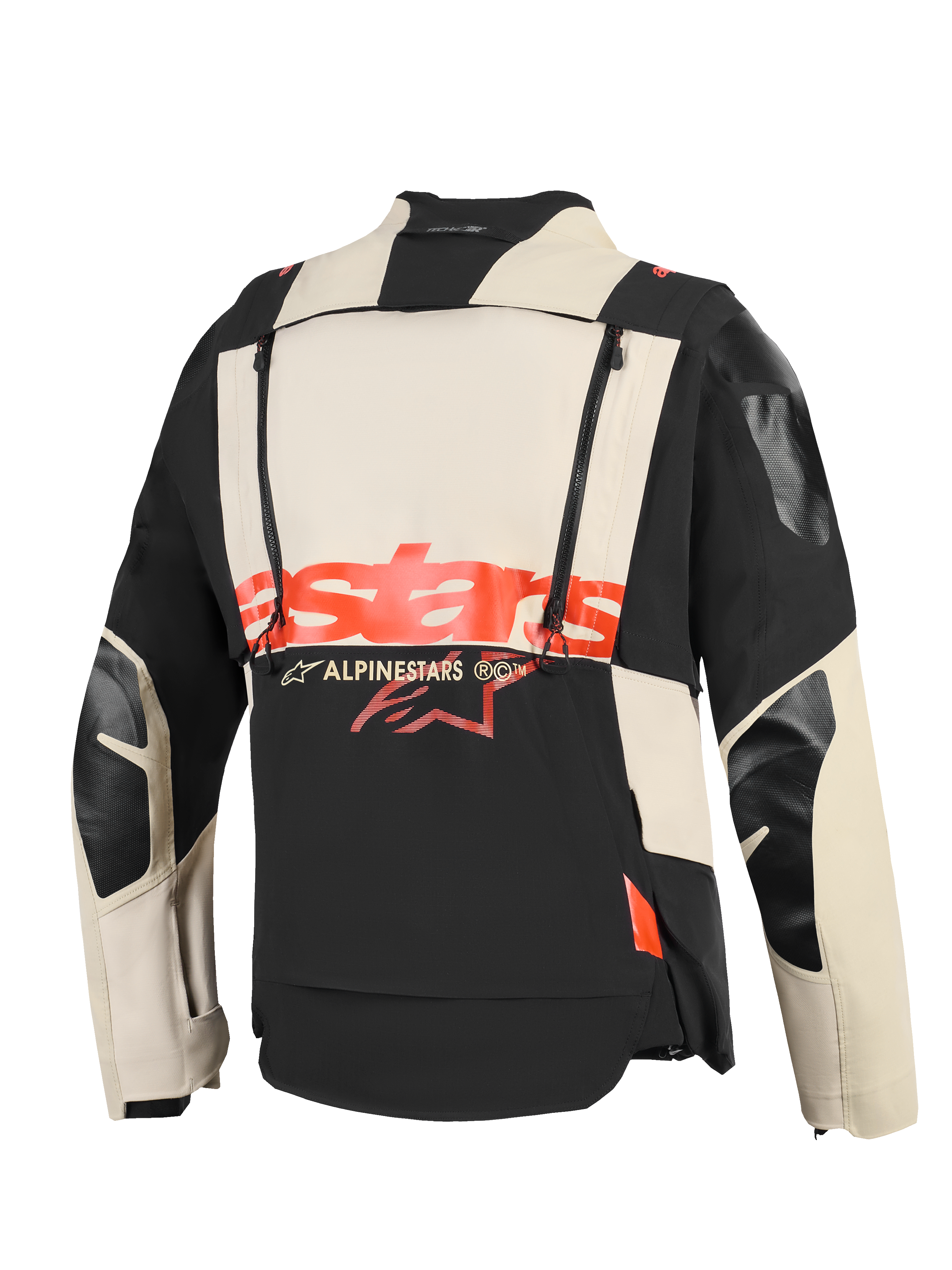Alpinestars Halo Pro Drystar® XF Laminierte Jacke, Rückansicht, Textilkonstruktion in Mastic Black und Creme, markantes rotes „Stars“-Logo in der Mitte, zwei vertikale Reißverschlüsse für modulare Belüftung, technische Adventure-Motorradbekleidung