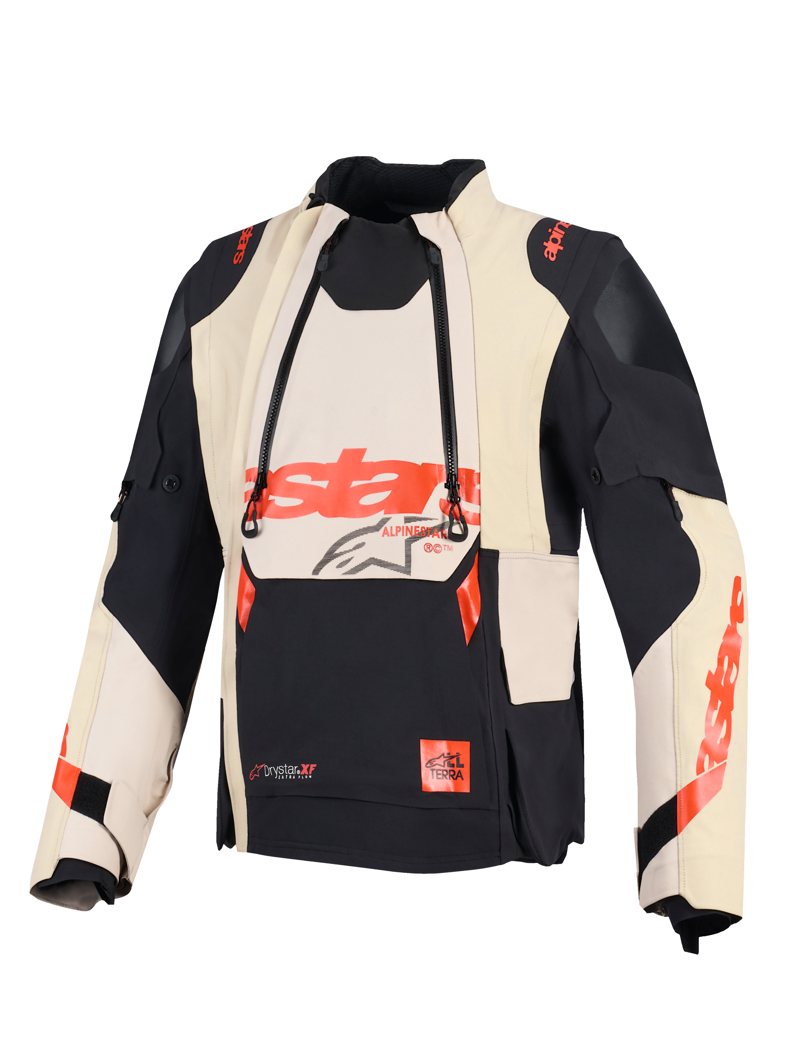 Alpinestars Halo Pro Drystar® XF Laminierte Jacke, Adventure-Motorradjacke, Mastic Black, mit modularen Belüftungspanelen vorne und rotem Alpinestars-Branding, technisches Textildesign für vielseitige Geländefahrten