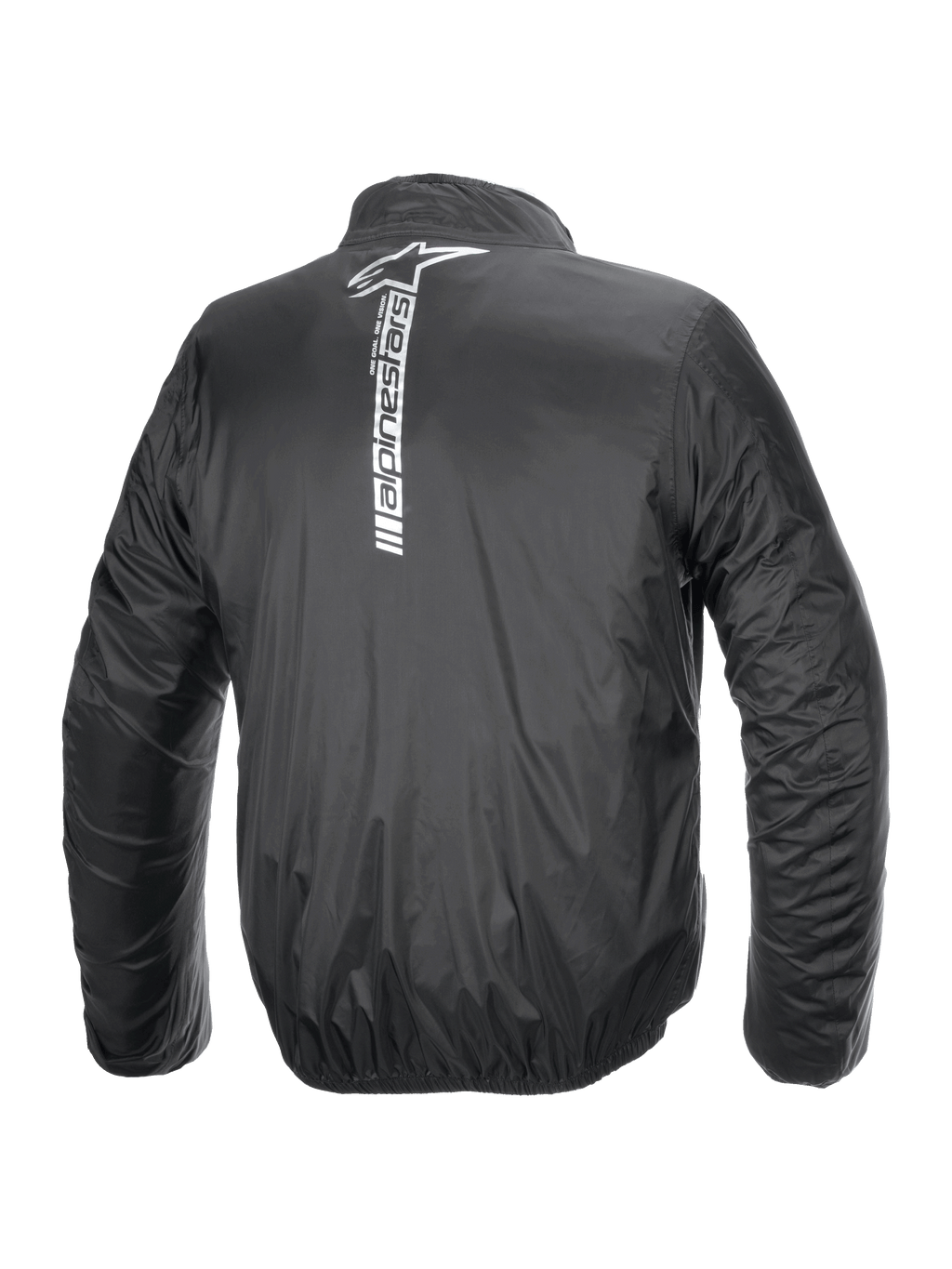Alpinestars Hurricane Rain V2 Jacke, wasserdichte Motorrad-Regenjacke, Schwarz, Rückansicht mit großem vertikalem weißen Alpinestars-Logo und Wortmarke in der Rückenmitte, leichtes laminiertes Gewebe mit elastischen Bündchen und Taillenbund