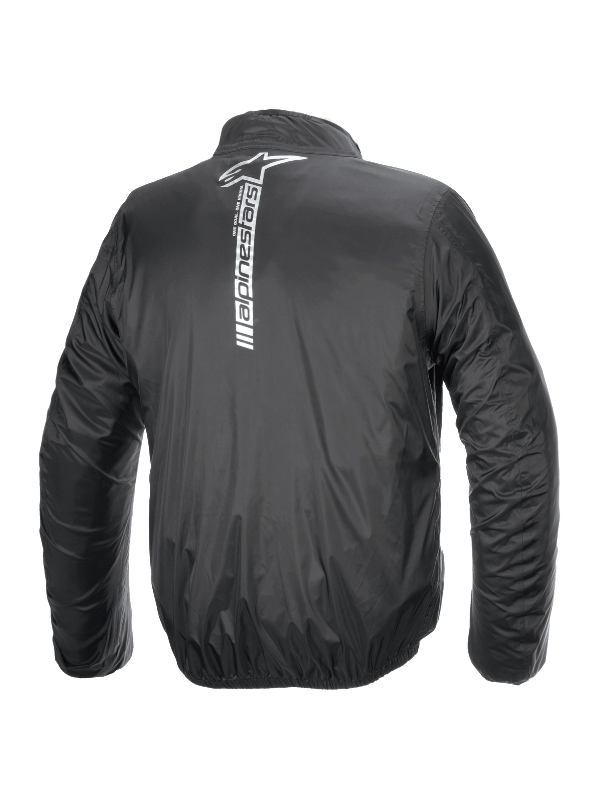 Alpinestars Hurricane Rain V2 Jacke, wasserdichte Motorrad-Regenjacke, Schwarz, Rückansicht mit großem vertikalem weißen Alpinestars-Logo und Wortmarke in der Rückenmitte, leichtes laminiertes Gewebe mit elastischen Bündchen und Taillenbund