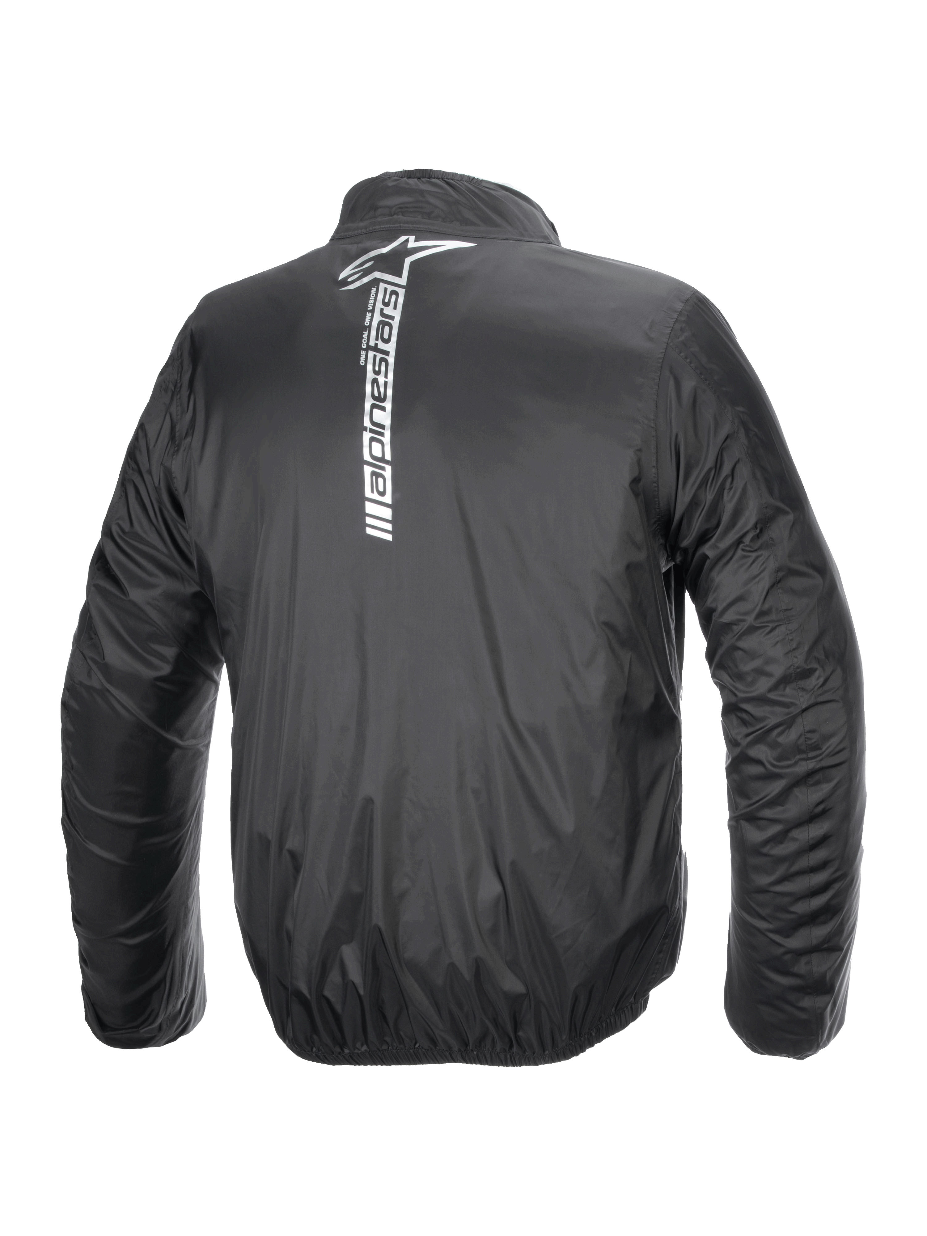 Alpinestars Hurricane Rain V2 Jacke, wasserdichte Motorrad-Regenjacke, Schwarz, Rückansicht mit großem vertikalem weißen Alpinestars-Logo und Wortmarke in der Rückenmitte, leichtes laminiertes Gewebe mit elastischen Bündchen und Taillenbund