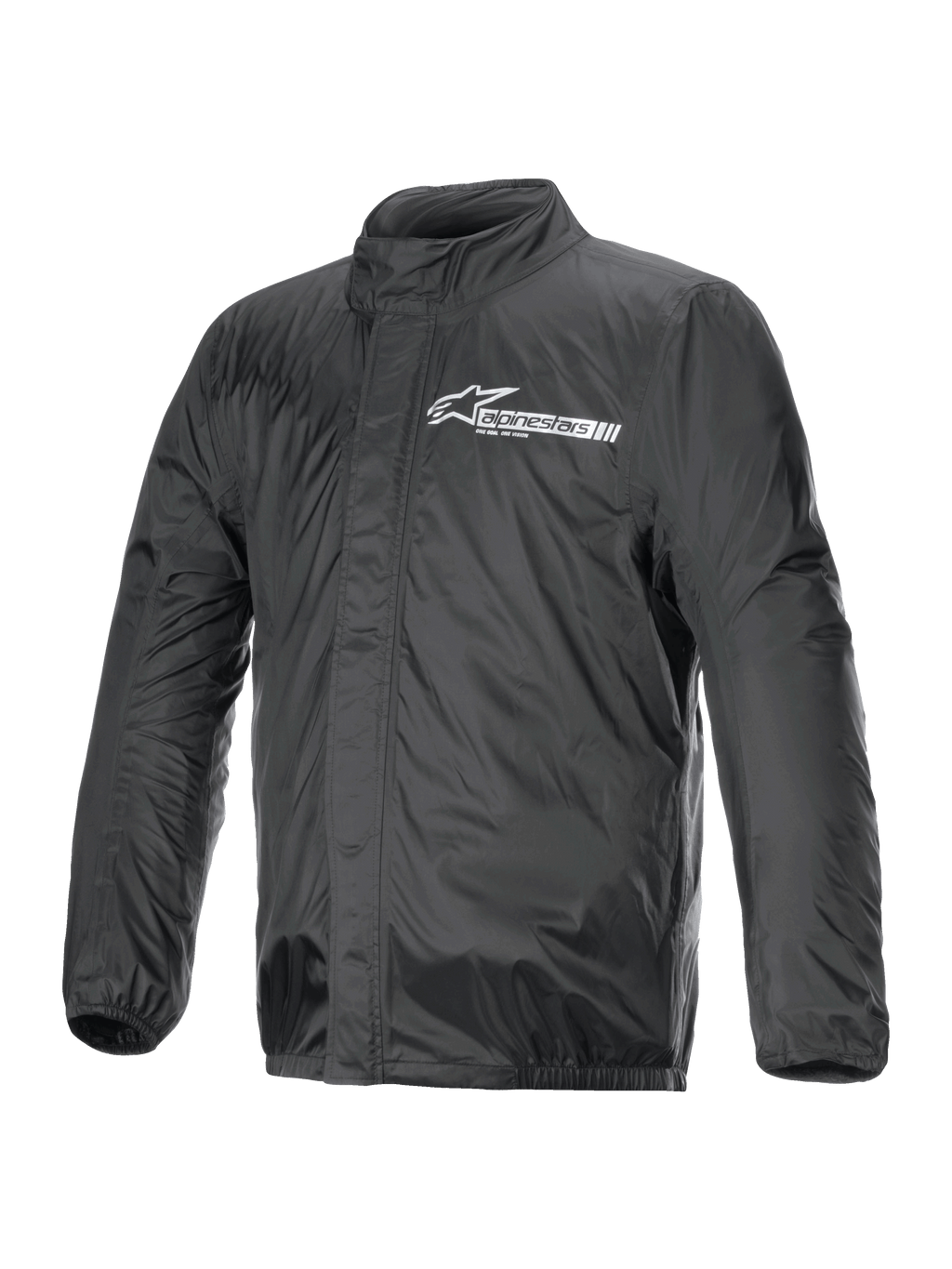 Alpinestars Hurricane Rain V2 Jacke, Motorrad-Regenjacke, Schwarz, mit weißem Alpinestars-Logo auf der Brust, hohem Kragen, Frontreißverschluss mit Sturmklappe, elastischen Bündchen und Saum, wasserdichtes laminiertes Textil