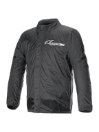 Alpinestars Hurricane Rain V2 Jacke, Motorrad-Regenjacke, Schwarz, mit weißem Alpinestars-Logo auf der Brust, hohem Kragen, Frontreißverschluss mit Sturmklappe, elastischen Bündchen und Saum, wasserdichtes laminiertes Textil