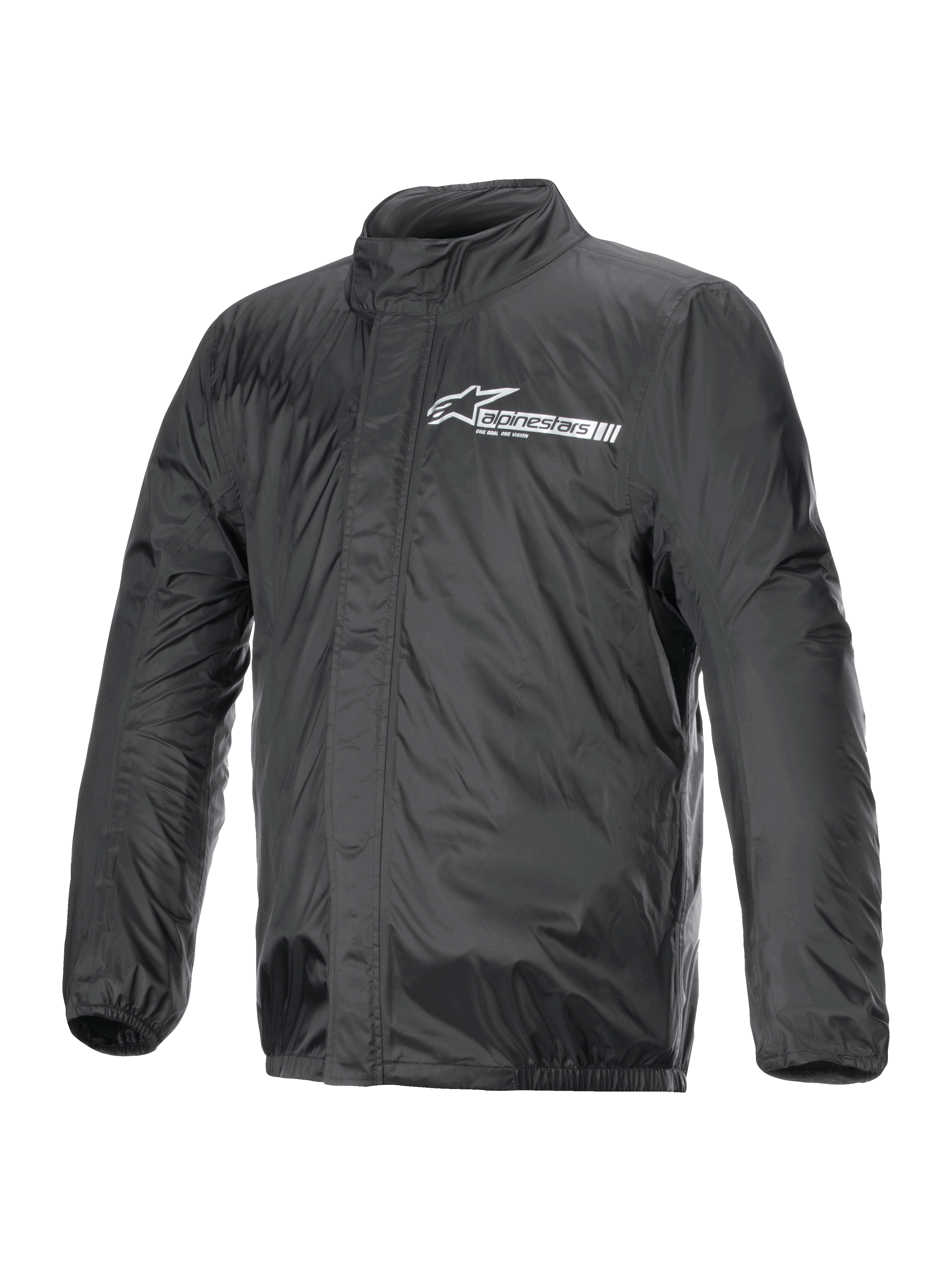 Alpinestars Hurricane Rain V2 Jacke, Motorrad-Regenjacke, Schwarz, mit weißem Alpinestars-Logo auf der Brust, hohem Kragen, Frontreißverschluss mit Sturmklappe, elastischen Bündchen und Saum, wasserdichtes laminiertes Textil
