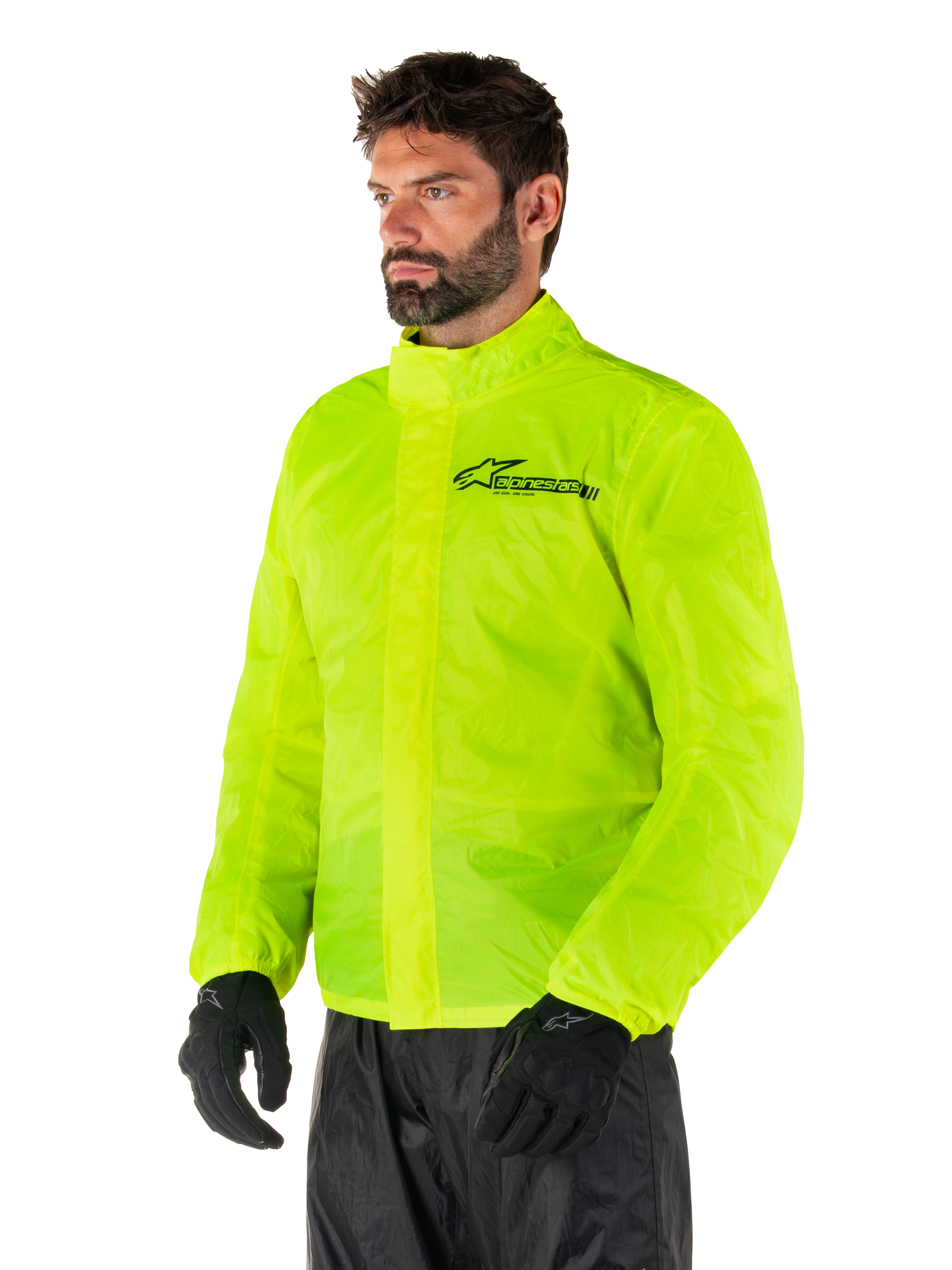 Alpinestars Hurricane Rain V2 Jacke, Yellow Fluo, hochsichtbare fluoreszierende gelbe wasserdichte Motorrad-Regenjacke, doppelter Klappenverschluss vorne, Alpinestars-Logo auf der Brust, leichtes und packbares Design für Fahrten bei nassem Wetter