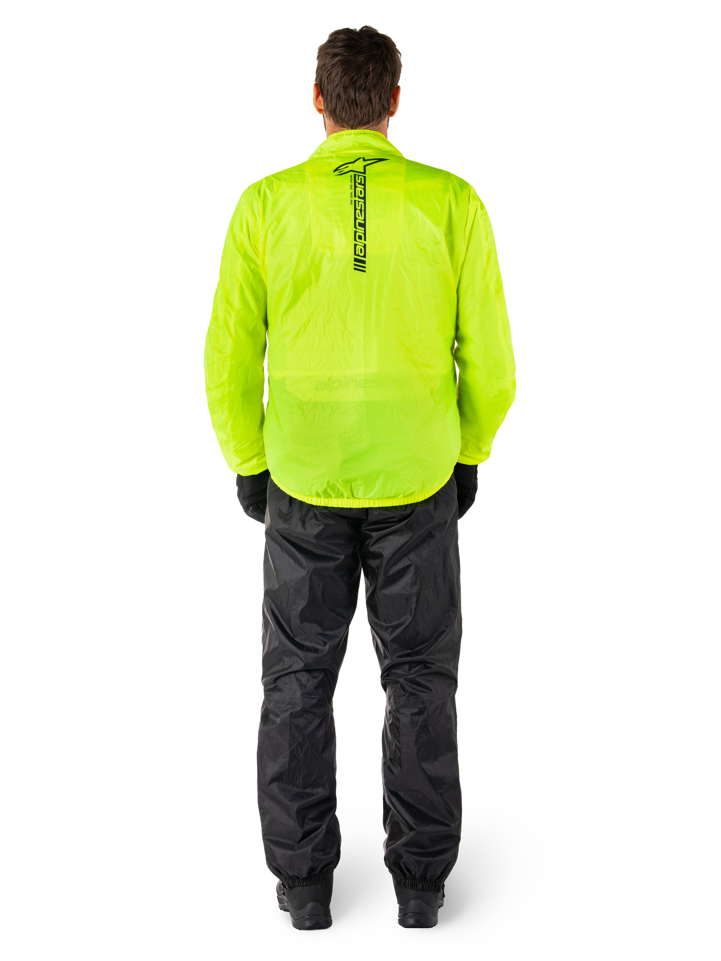 Alpinestars Hurricane Rain V2 Jacke und Hose, wasserdichter Motorrad-Regenanzug, leuchtend neongelbe Jacke mit vertikalem schwarzem Branding auf dem Rücken, schwarze Hose, leichtes Textilmaterial für Schutz bei Fahrten unter nassen Wetterbedingungen