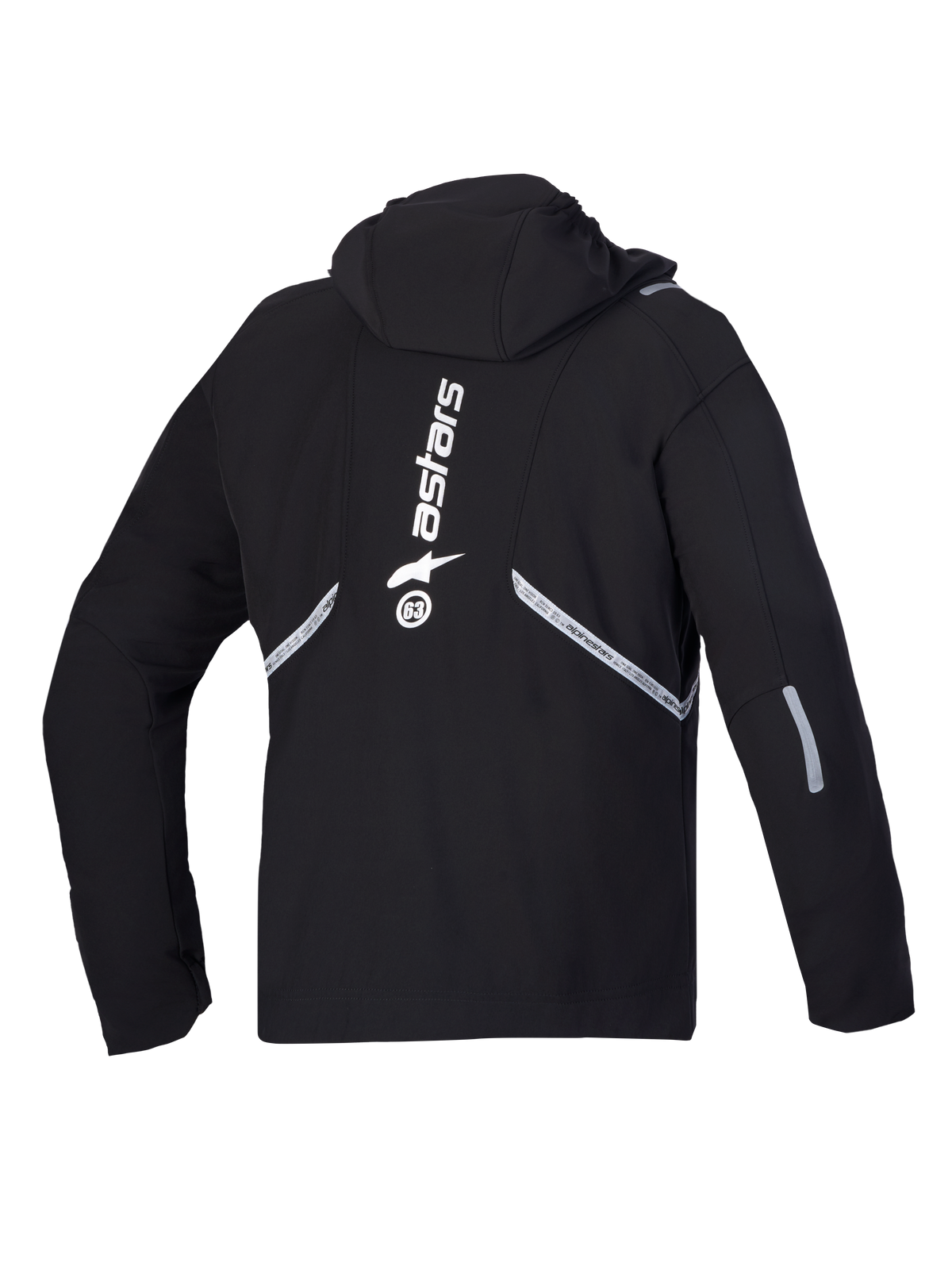 Alpinestars C 5 Drystar Jacke, wasserdichte Motorrad-Softshell-Jacke, Rückansicht in Schwarz mit integrierter Kapuze, reflektierenden Details und großem vertikalem weißen Logo.