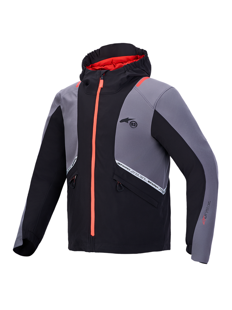 Alpinestars C-5 Drystar Jacket, Men's Waterproof Motorcycle Jacket in Black and Dark Gray, featuring an integrated hood, bright orange front zipper, and CE Class A certification