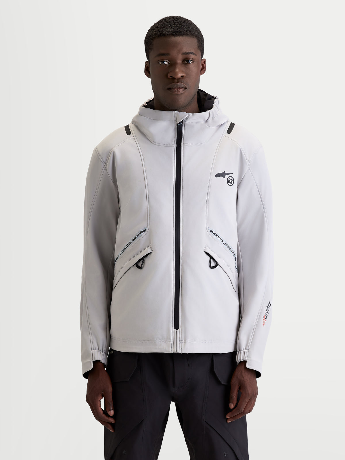 Alpinestars C-5 Drystar Jacket, men's urban contemporary motorcycle textile jacket in light gray and black, front view on a model wearing an integrated hood and waterproof riding apparel