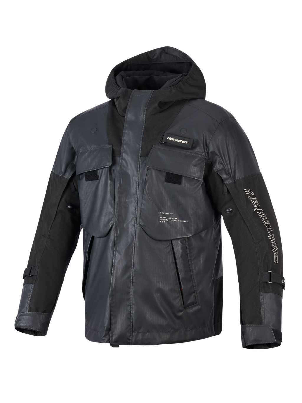 Alpinestars Mospher Waterproof Jacket, Black Motorcycle Parka, tactical utility design with multiple large pockets, ripstop textile construction, integrated hood, white Alpinestars branding on the sleeve and chest