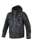 Alpinestars Mospher Waterproof Jacket, Black Motorcycle Parka, tactical utility design with multiple large pockets, ripstop textile construction, integrated hood, white Alpinestars branding on the sleeve and chest