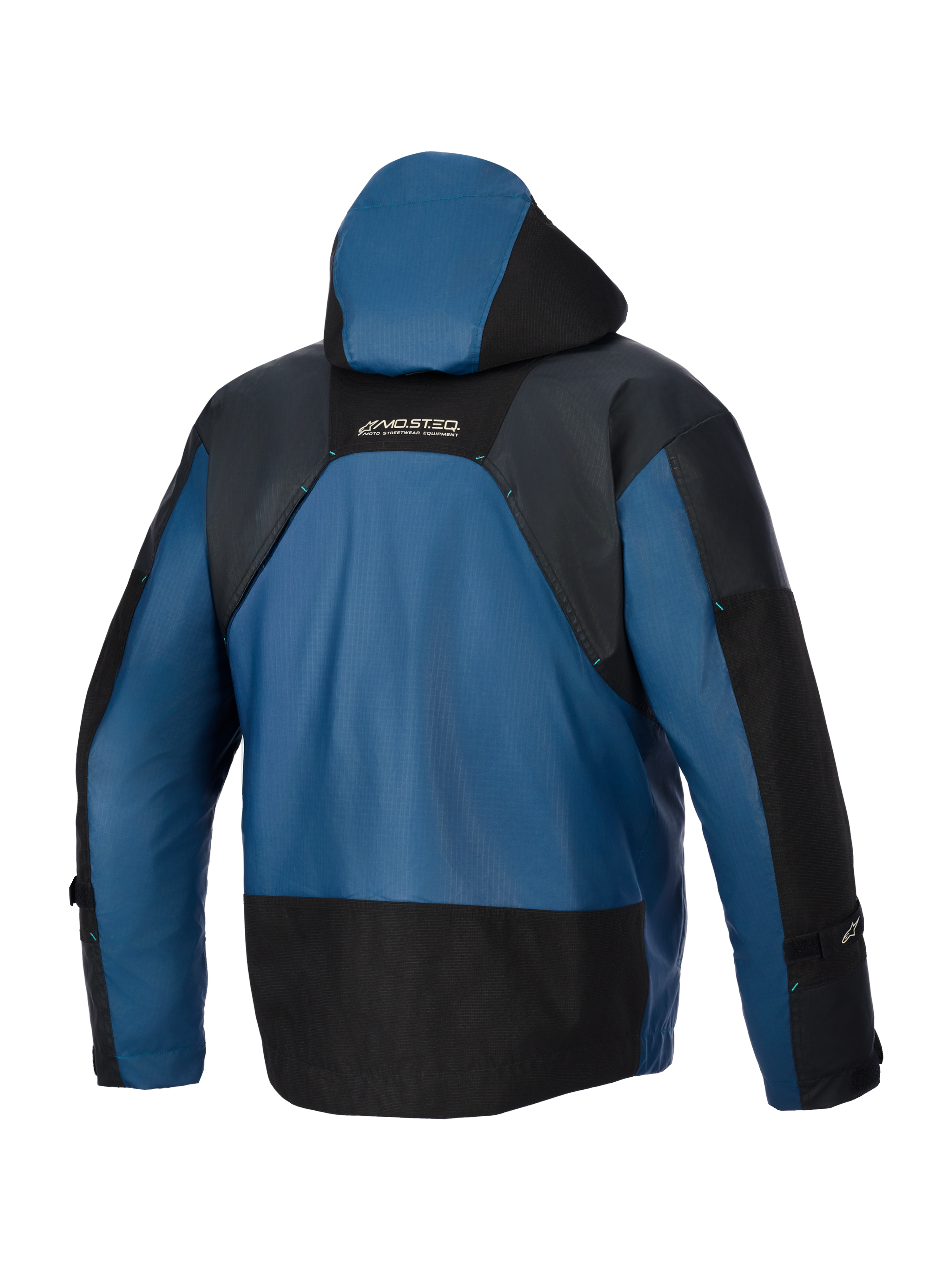 Alpinestars Mospher Waterproof Jacket, Rear View, Black and Dark Petrol, features a protective hood, durable ripstop textile construction with black reinforced sections, and MO.ST.EQ. logo on the upper back, waterproof urban motorcycle gear