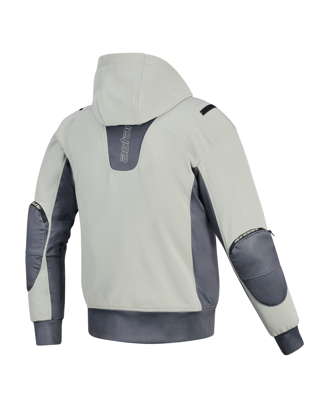 Alpinestars Moblast WP Jacke, Rückansicht, Iron Gray und Dark Sage, Motorrad-Hoodie mit hellsalbeifarbenem Korpus und dunkelgrauen Akzenten, vertikales Branding auf dem Rücken, sichtbare Reißverschlüsse für Ellbogenprotektoren und elastischer Bund