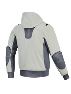 Alpinestars Moblast WP Jacke, Rückansicht, Iron Gray und Dark Sage, Motorrad-Hoodie mit hellsalbeifarbenem Korpus und dunkelgrauen Akzenten, vertikales Branding auf dem Rücken, sichtbare Reißverschlüsse für Ellbogenprotektoren und elastischer Bund