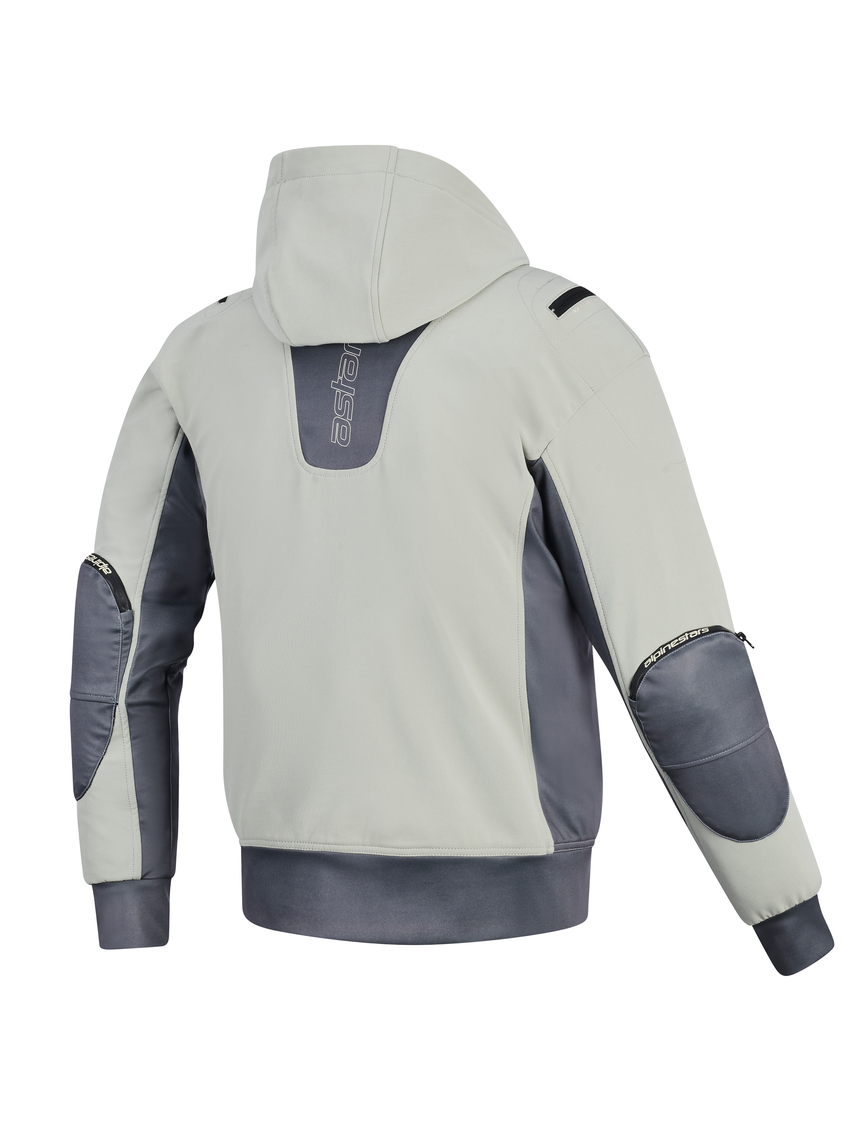 Alpinestars Moblast WP Jacke, Rückansicht, Iron Gray und Dark Sage, Motorrad-Hoodie mit hellsalbeifarbenem Korpus und dunkelgrauen Akzenten, vertikales Branding auf dem Rücken, sichtbare Reißverschlüsse für Ellbogenprotektoren und elastischer Bund